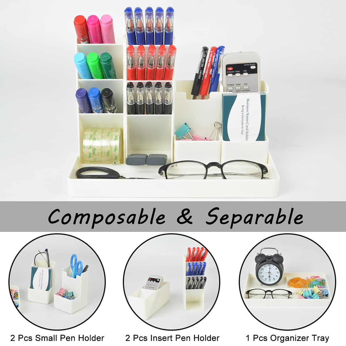 Multi-Functional Desk Organizer with Pencil Holder & Storage Baskets - Office Supplies Caddy for Desktop Accessories, School & Home Office Organization - Milky White | Perfect for Workspace Decluttering & Stationery Storage