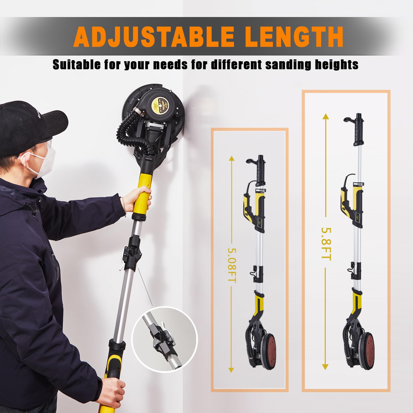 780W Drywall Sander with Vacuum Attachment - 6.5A Popcorn Ceiling Removal Tool with Auto Dust Absorption, 7 Variable Speeds & LED Light - Includes 10 Sanding Discs - Perfect for Wall Smoothing and Popcorn Ceiling Removal Projects