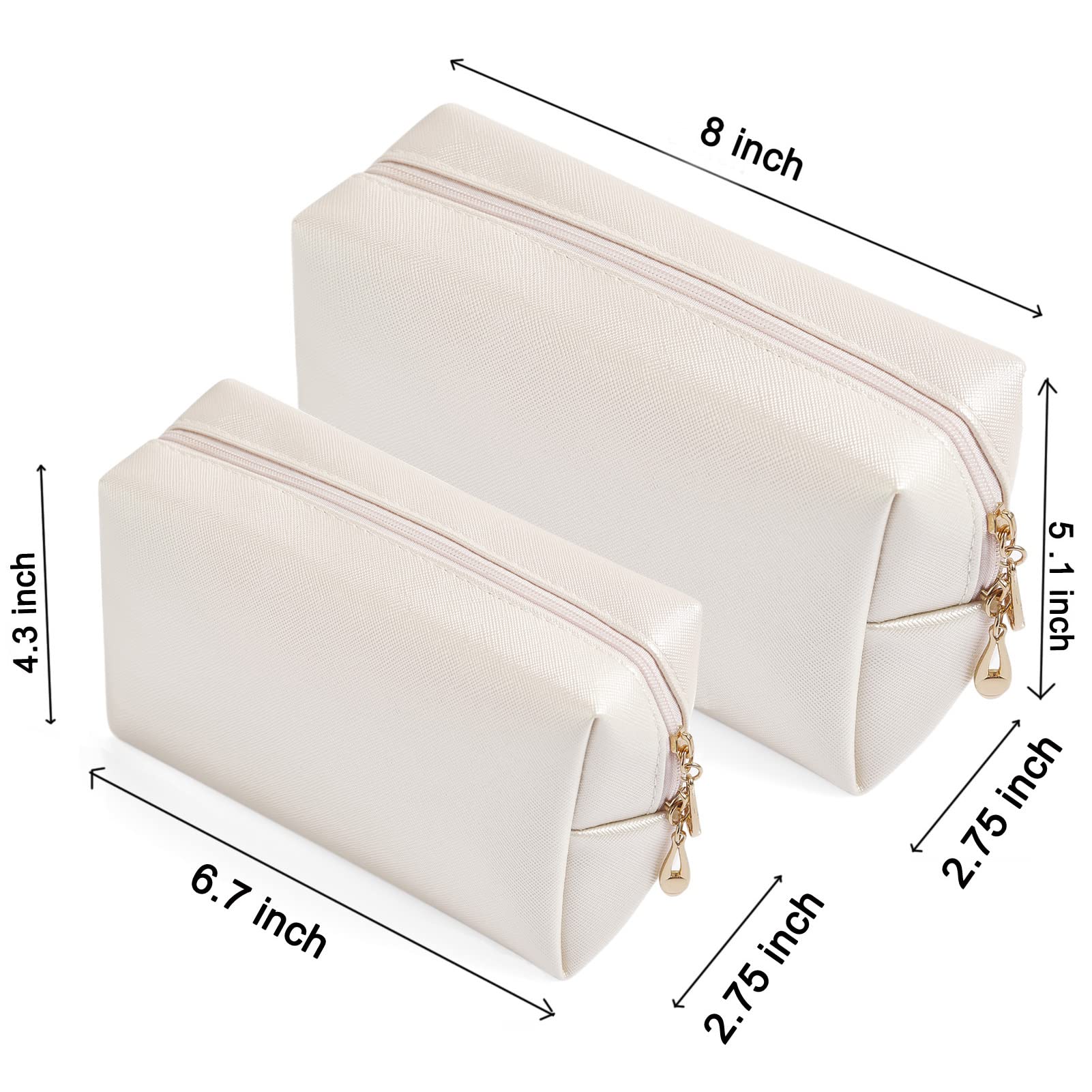 2-Piece Set PU Leather Cosmetic Bag for Women | Minimalist Makeup Pouch | Waterproof Travel Toiletry Bag | Portable Storage Organizer for Daily Use & Vacation | Compact & Stylish (Ivory White) | Perfect for Gym, Office & Weekend Getaways