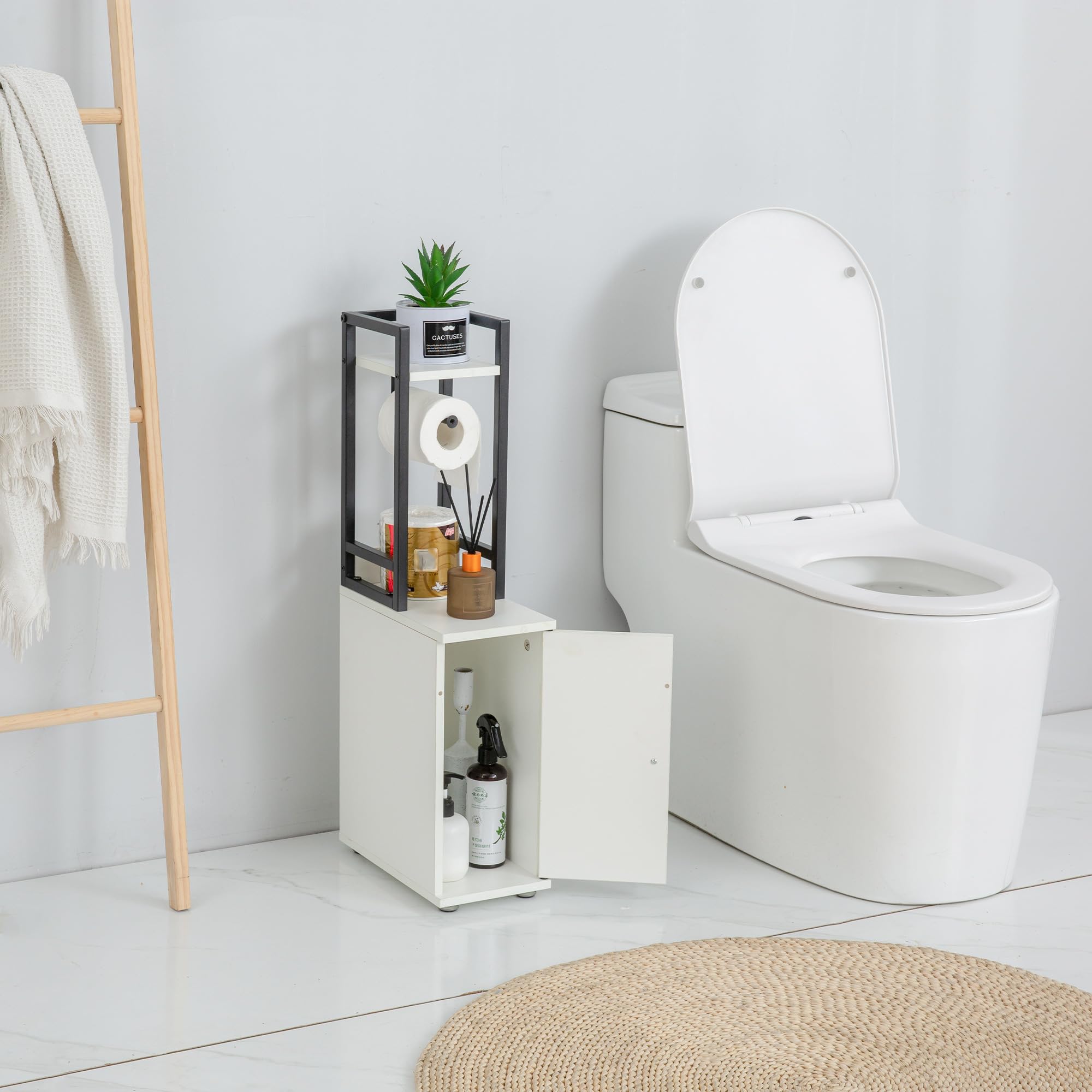 Small Narrow Bathroom Storage Cabinet with Toilet Paper Roll Holder - Slim Metal Frame Bath Organizer for Toilet Paper & Bath Essentials - Perfect for Compact Bathrooms, Powder Rooms & RV Baths - White