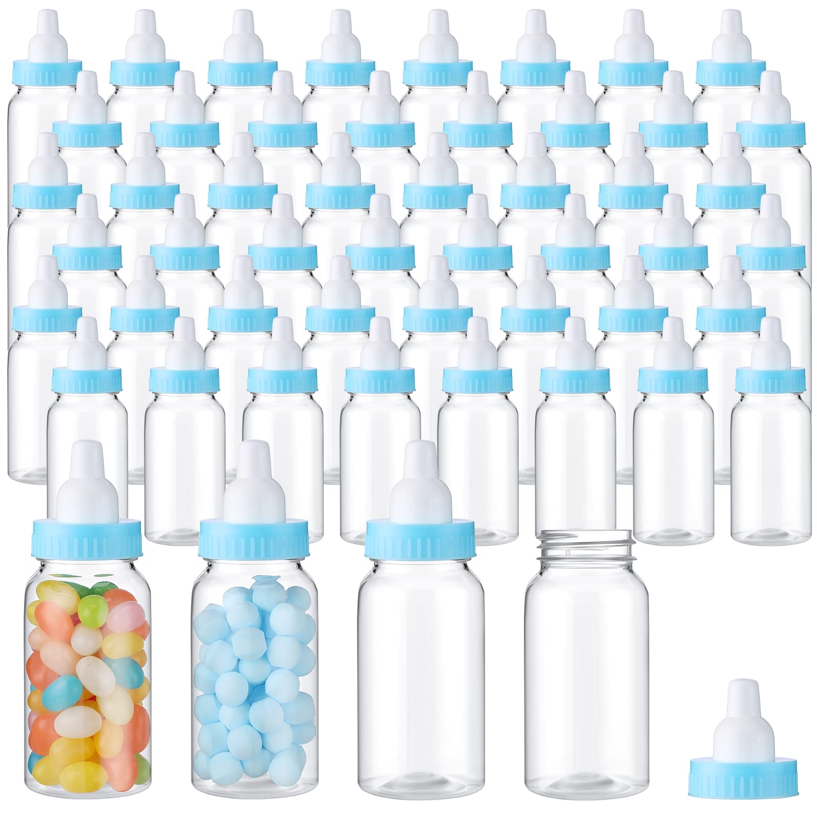 48 Pcs 4.5 Inch Mini Plastic Candy Bottles - Fillable Baby Shower Favors, Feeding Bottles for Party, Birthday, Baptism - Blue Removable Lids - Perfect for Newborn Celebrations, Candy Favors & Party Decorations