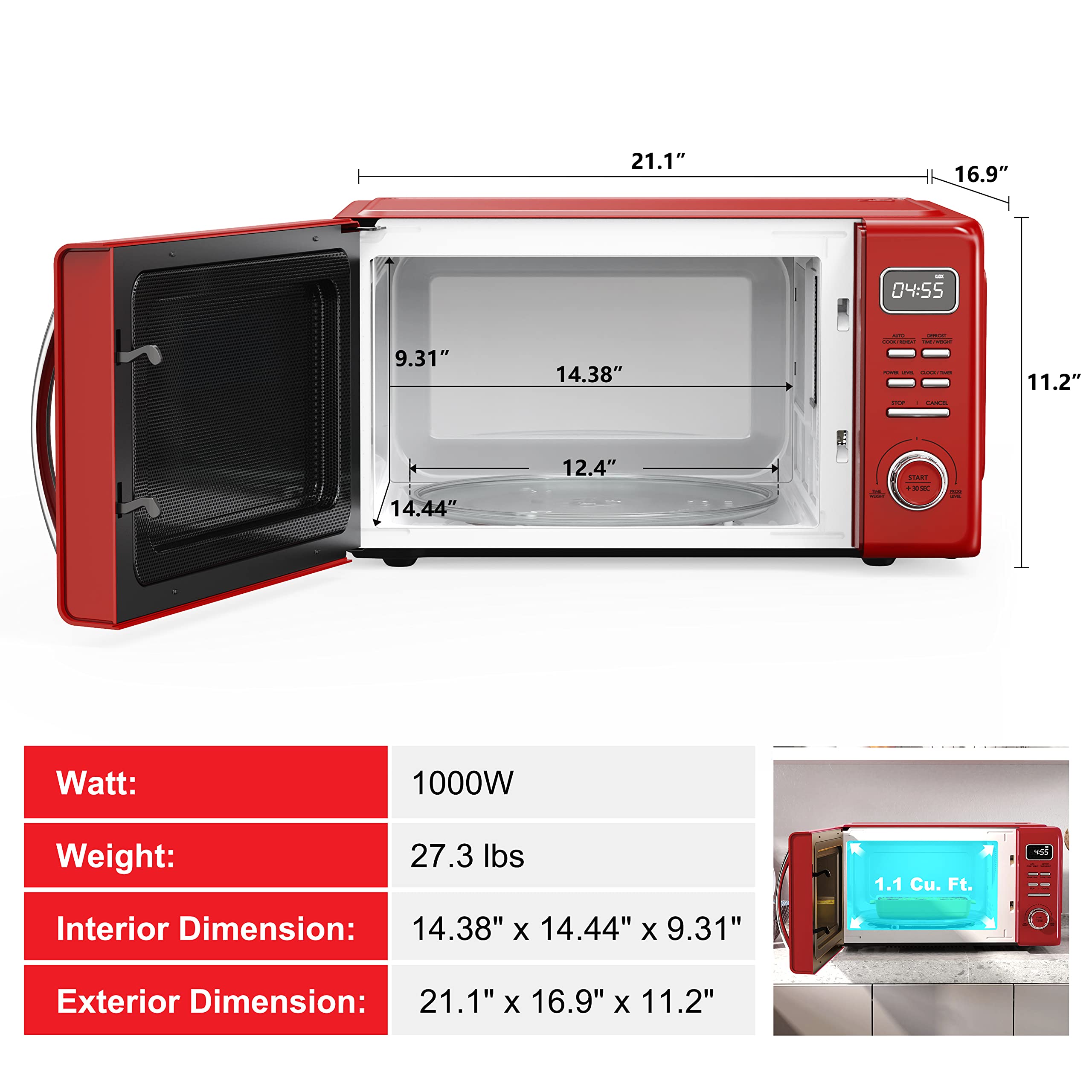 Galanz 1.1 Cu Ft Retro Red Microwave Oven with Auto Cook, Reheat & Defrost - Quick Start, Easy Clean Glass Turntable, Pull Handle - Perfect for Small Kitchens, Dorms & Office Break Rooms