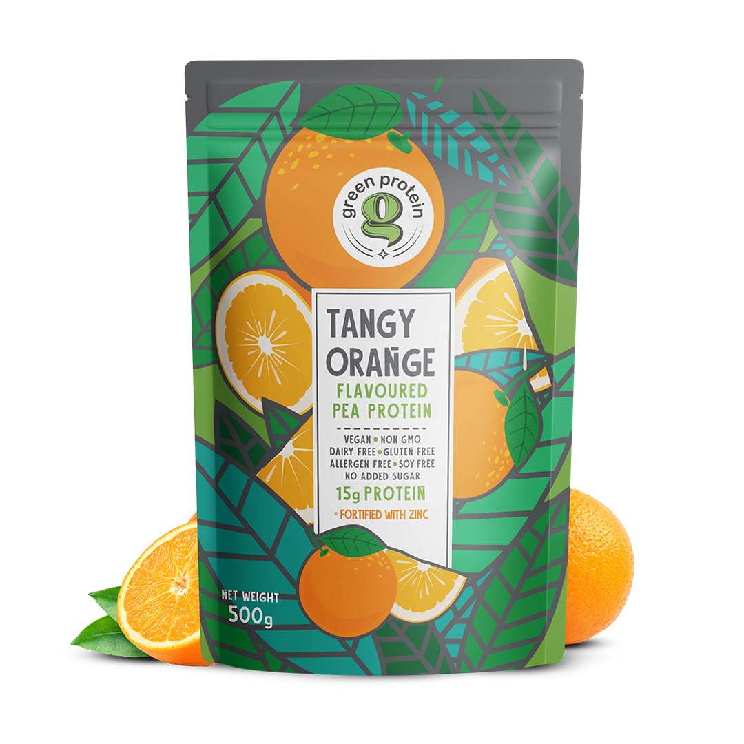 GREEN PROTEIN Pea Protein Isolate Powder - Vegan Plant-Based Protein Supplement, 15g Protein Per Serving, No Added Sugar, Soy Free, Dairy Free, Gluten Free, Allergen Free, Tangy Orange Flavor, 500g Pouch - Perfect for Post-Workout Recovery & Smoothies