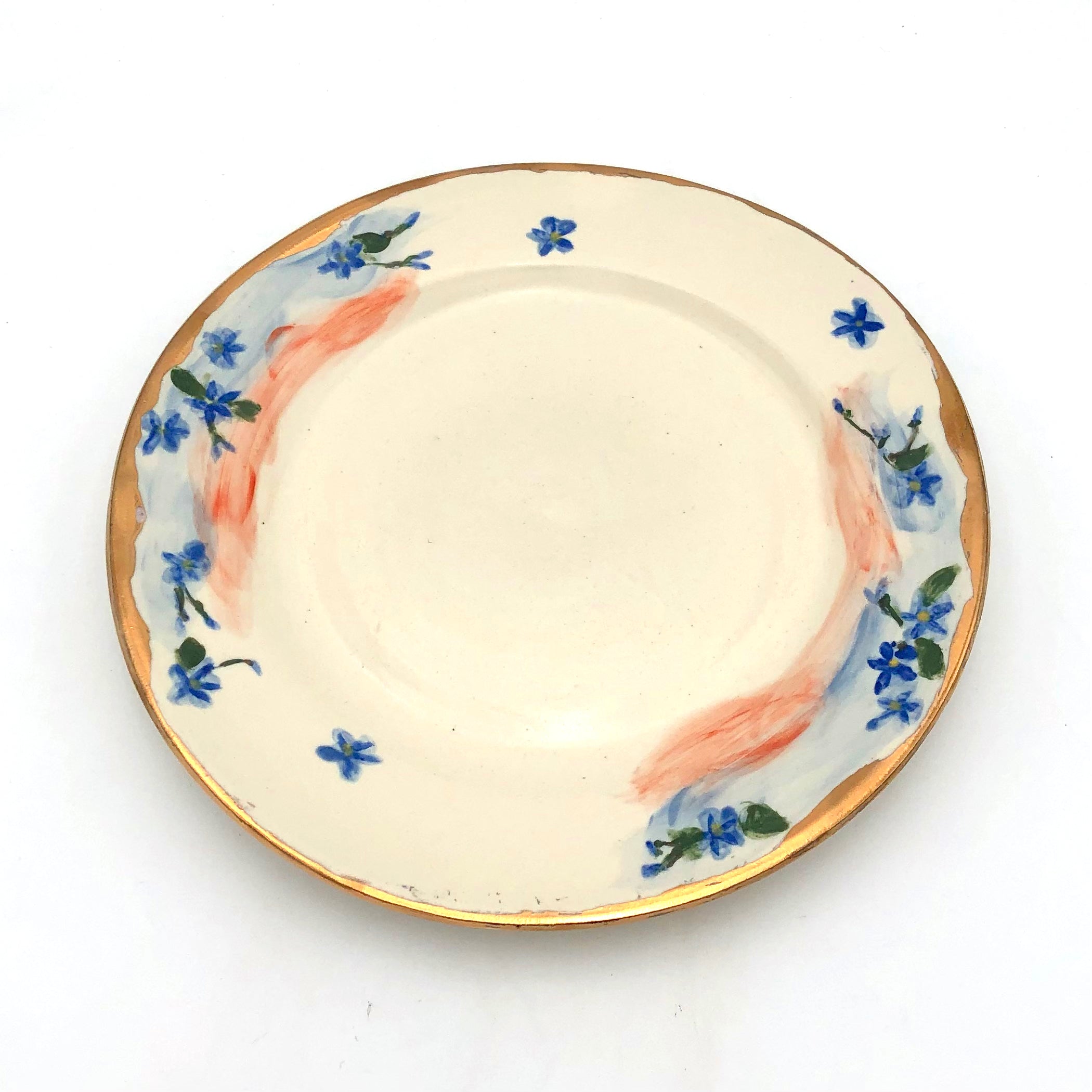 Handpainted Forget Me Not Porcelain Plate with Gold Lustre - Elegant Decorative Dish for Dining, Wedding Gift, or Home Décor