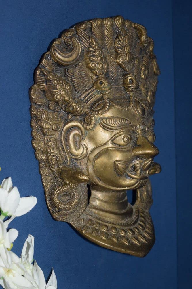 Antique Brass Bhairav Face Wall Hanging - Tibetan Buddhist Mahakal Wall Decor - Rare Collectible Room Protector Mask for Home & Office Spiritual Decor