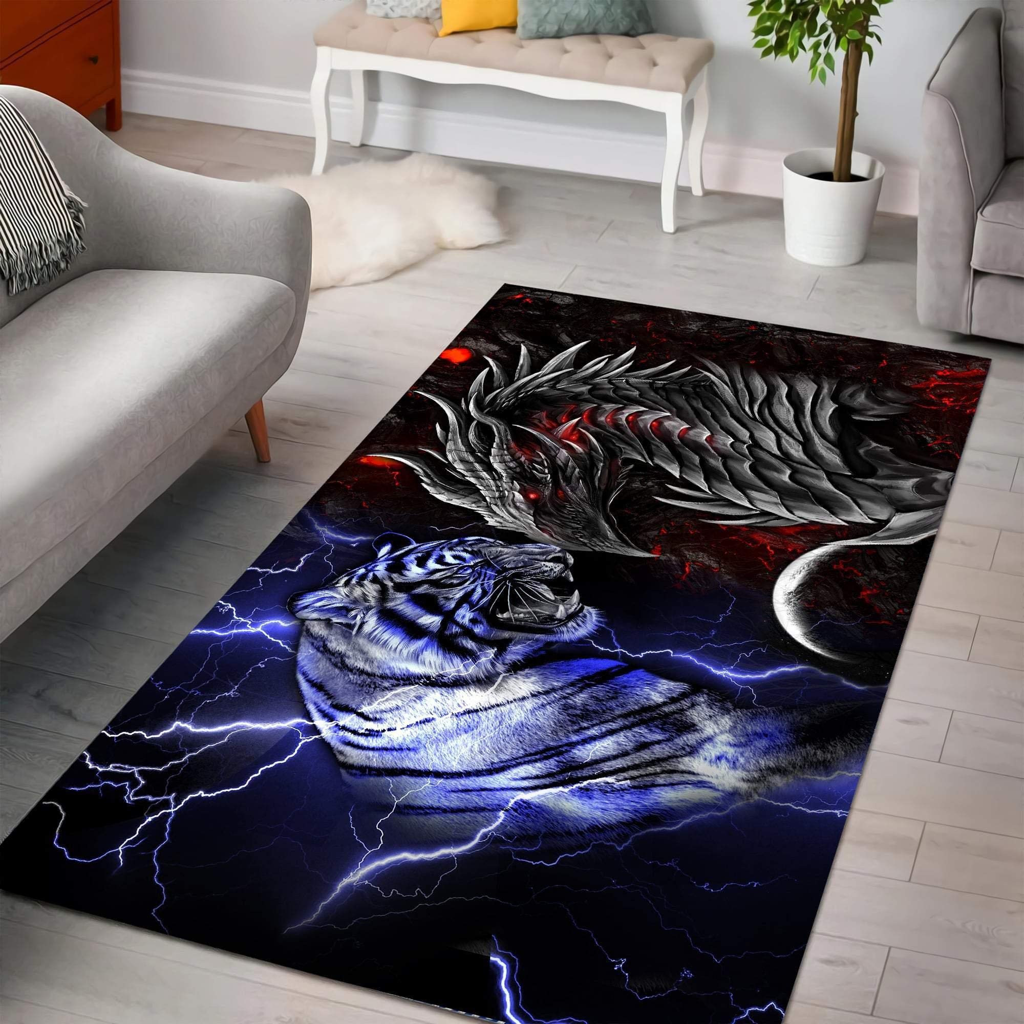 Dragon and Tiger Rectangle Rug - Non-Slip Area Rug for Living Room, Dining Room, Bedroom, Kitchen & Nursery - Soft Floor Carpet & Yoga Mat - Perfect for Home Decor, Meditation & Play Areas