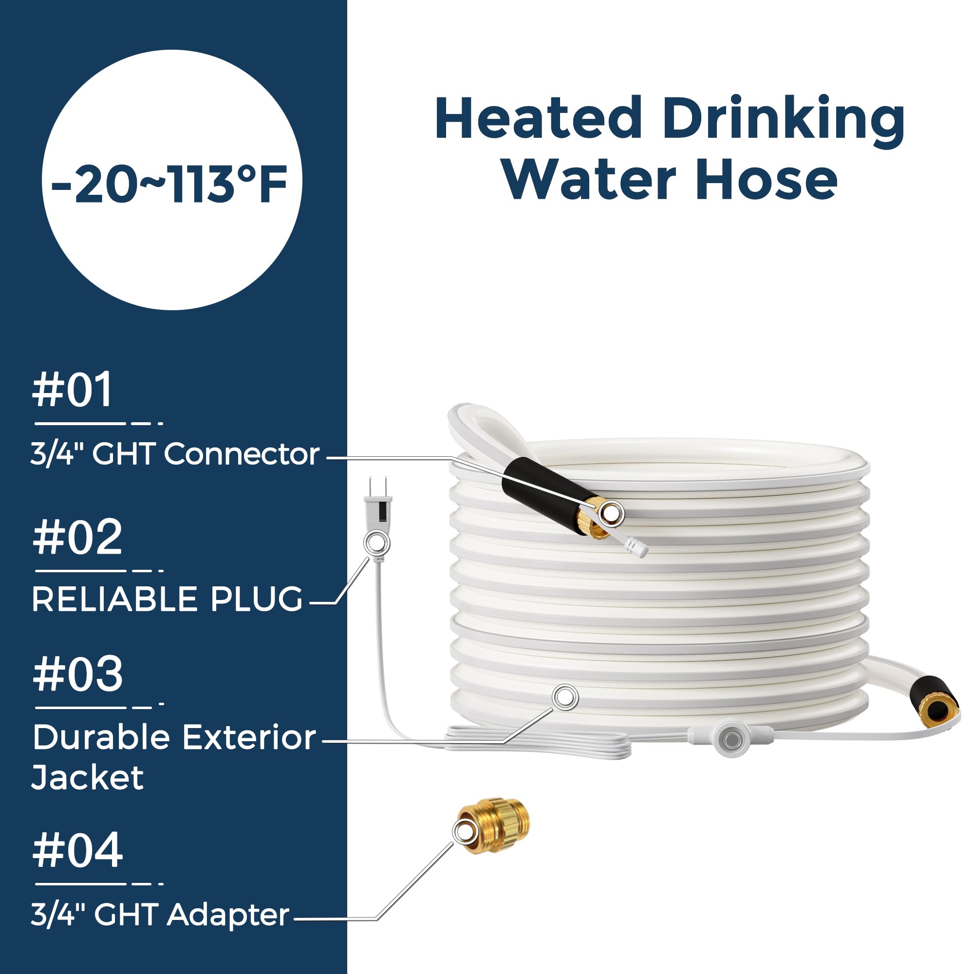 Giraffe Tools 50ft Heated RV Water Hose - 5/8 Inch Insulated Drinking Water Hose with Energy Saving Thermostat, Freeze Proof Down to -20°F, Lead & BPA Free - Perfect for Campers, Trucks & Winter RVing (White)