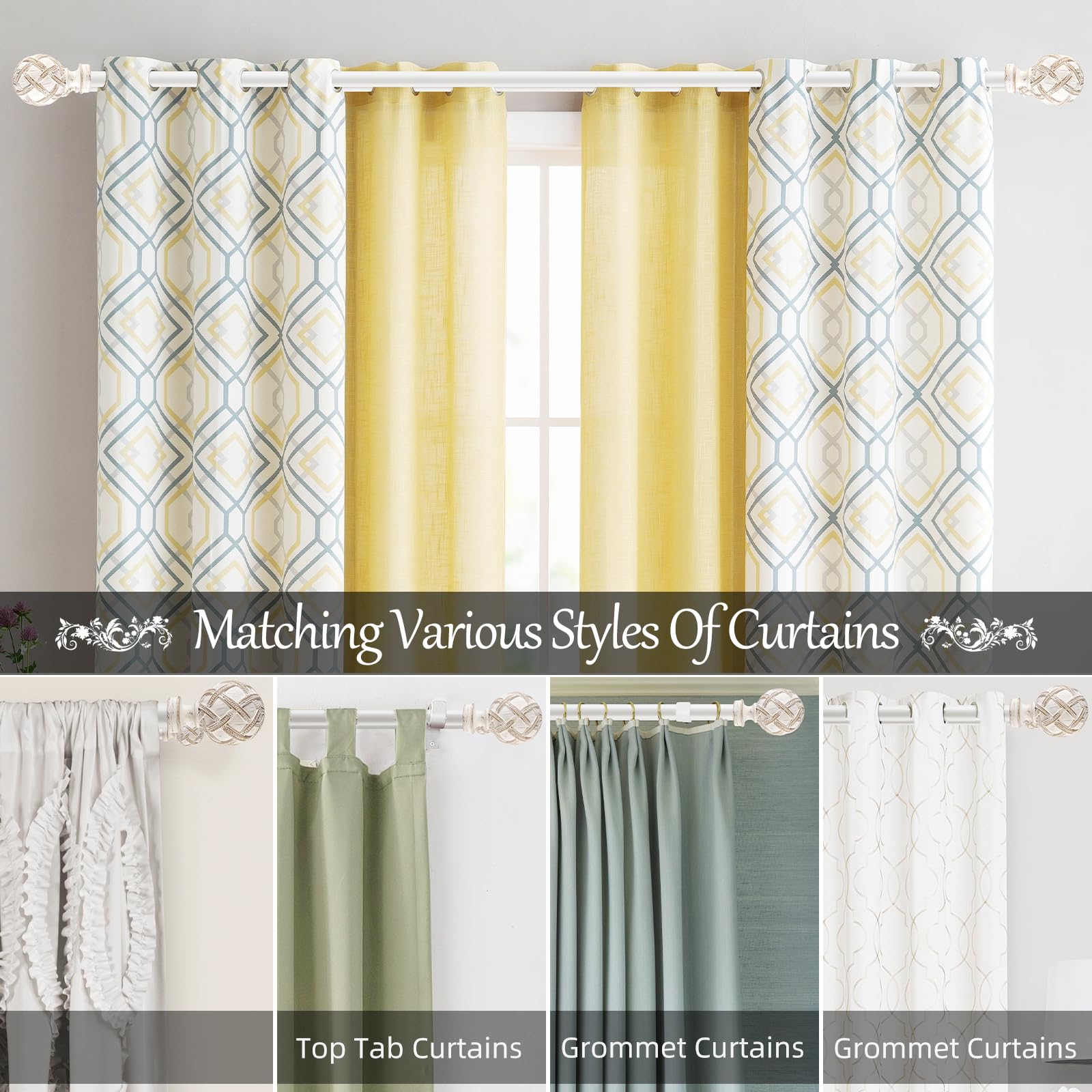 Ycolnaefllr 1 Inch Heavy Duty Double Curtain Rod Set - Adjustable 28-48 Inches for Windows - Weathered White with Resin Finials & Holdbacks - Perfect for Living Room, Bedroom & Home Decor