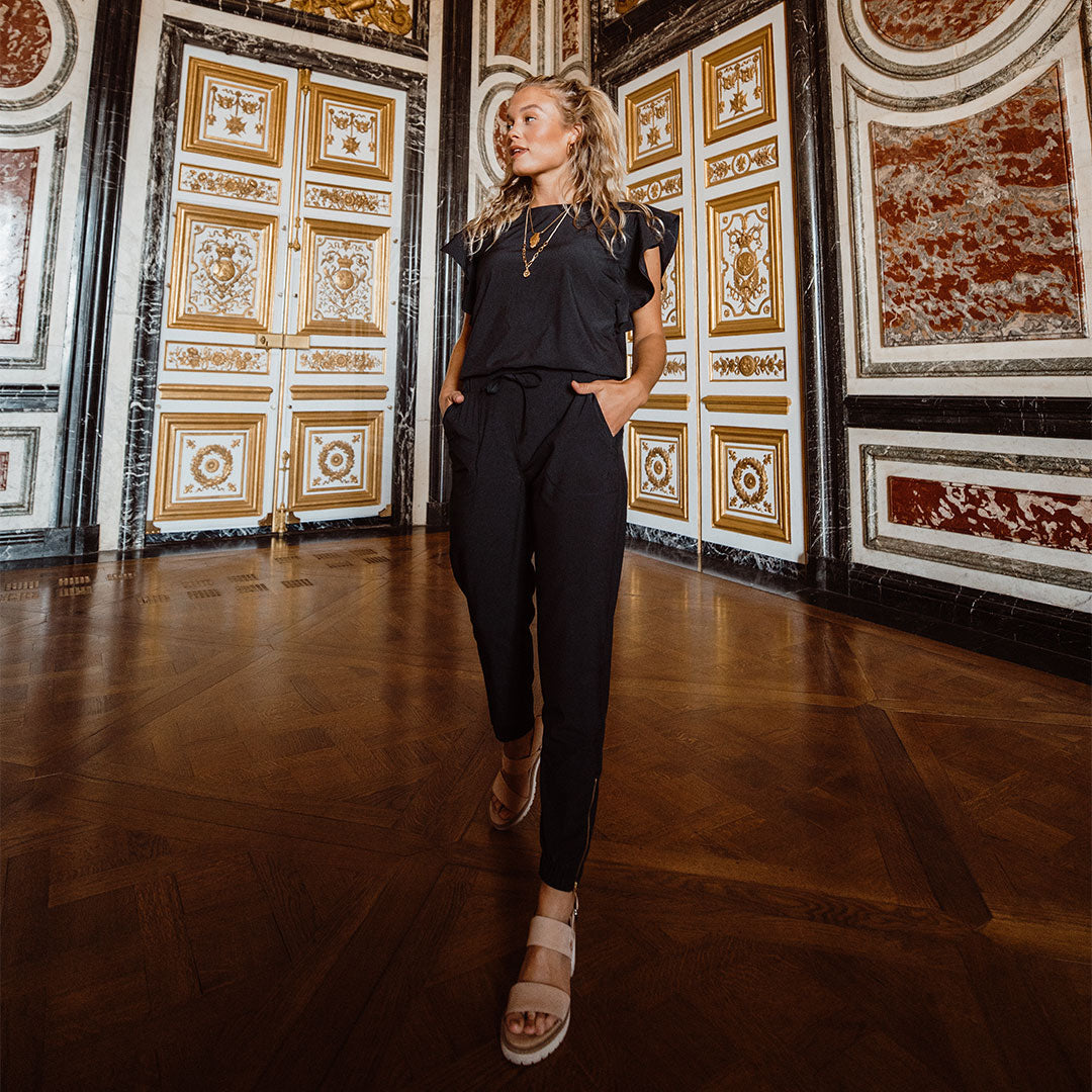 Black Flutter Sleeve Jumpsuit for Women - Elegant Wide Leg Romper with V-Neck | Perfect for Summer Parties, Date Nights & Beach Vacations