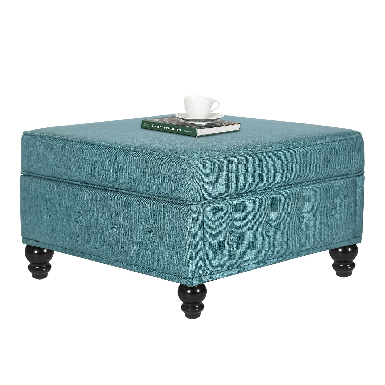 Adeco 30 Inch Large Storage Ottoman Bench - Wide Square Coffee Table with Lift Top, Fabric Storage Footstool with Sturdy Wood Legs (Blue) - Perfect for Living Room, Bedroom & Home Decor