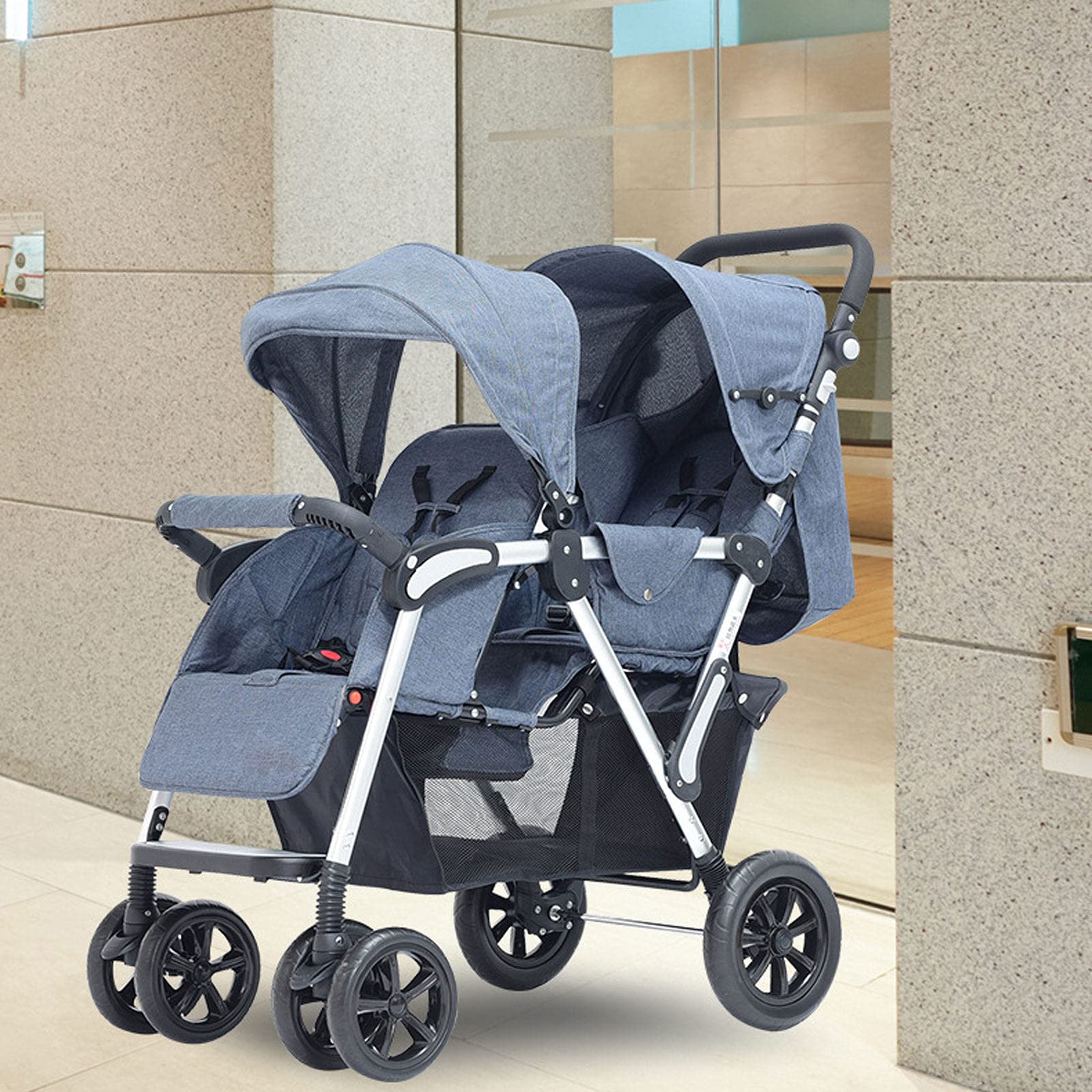 ESSBABY Double Stroller for Twins & Siblings - Lightweight Foldable Tandem Pushchair with Adjustable Height & Sun Canopy | Perfect for Shopping, Travel & Daily Walks
