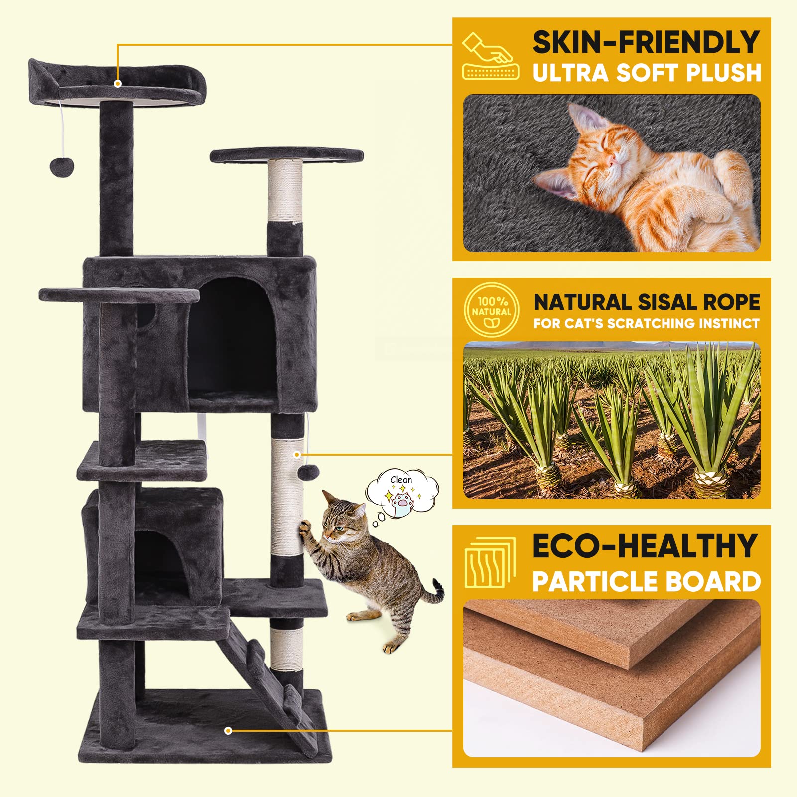 54 Inch Multi-Level Cat Tree Tower for Indoor Cats - Plush Cat Condo with Scratching Posts, Jumping Platforms & Activity Center - Perfect for Play, Exercise and Relaxation in Home or Office