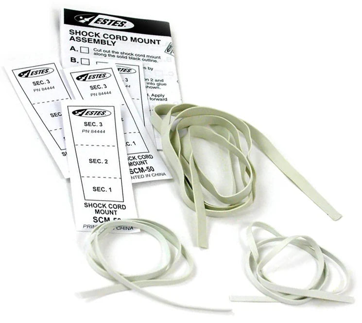 Estes Rocket Shock Cords and Mount Pack - 2x 1/8x18 & 1x 1/4x36 Elastic Shock Cords with 4 Mounting Kits (Model 2278) - Perfect for Model Rocket Recovery Systems and DIY Rocket Launches