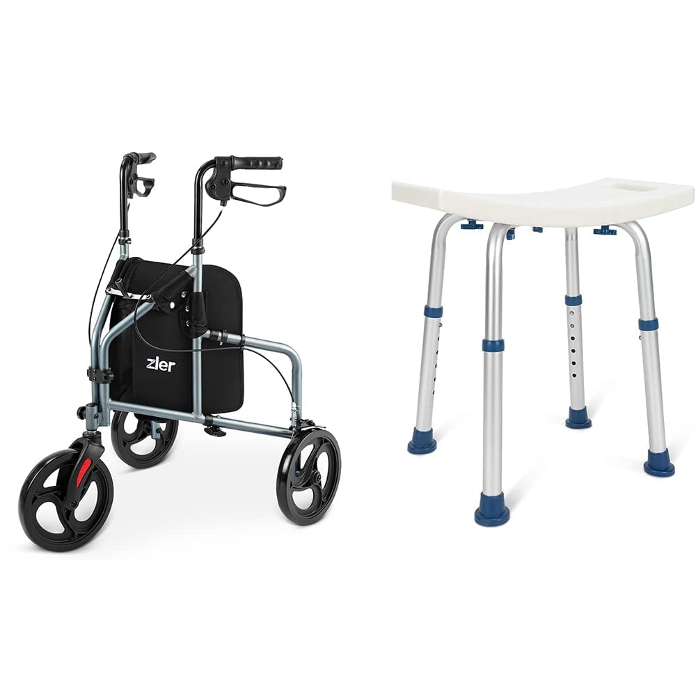 **Zler 3-Wheel Rollator Walker with Adjustable Handles & Shower Seat – Supports 300 lbs – Lightweight Mobility Aid for Seniors & Adults – Ideal for Indoor, Outdoor & Bathroom Use**