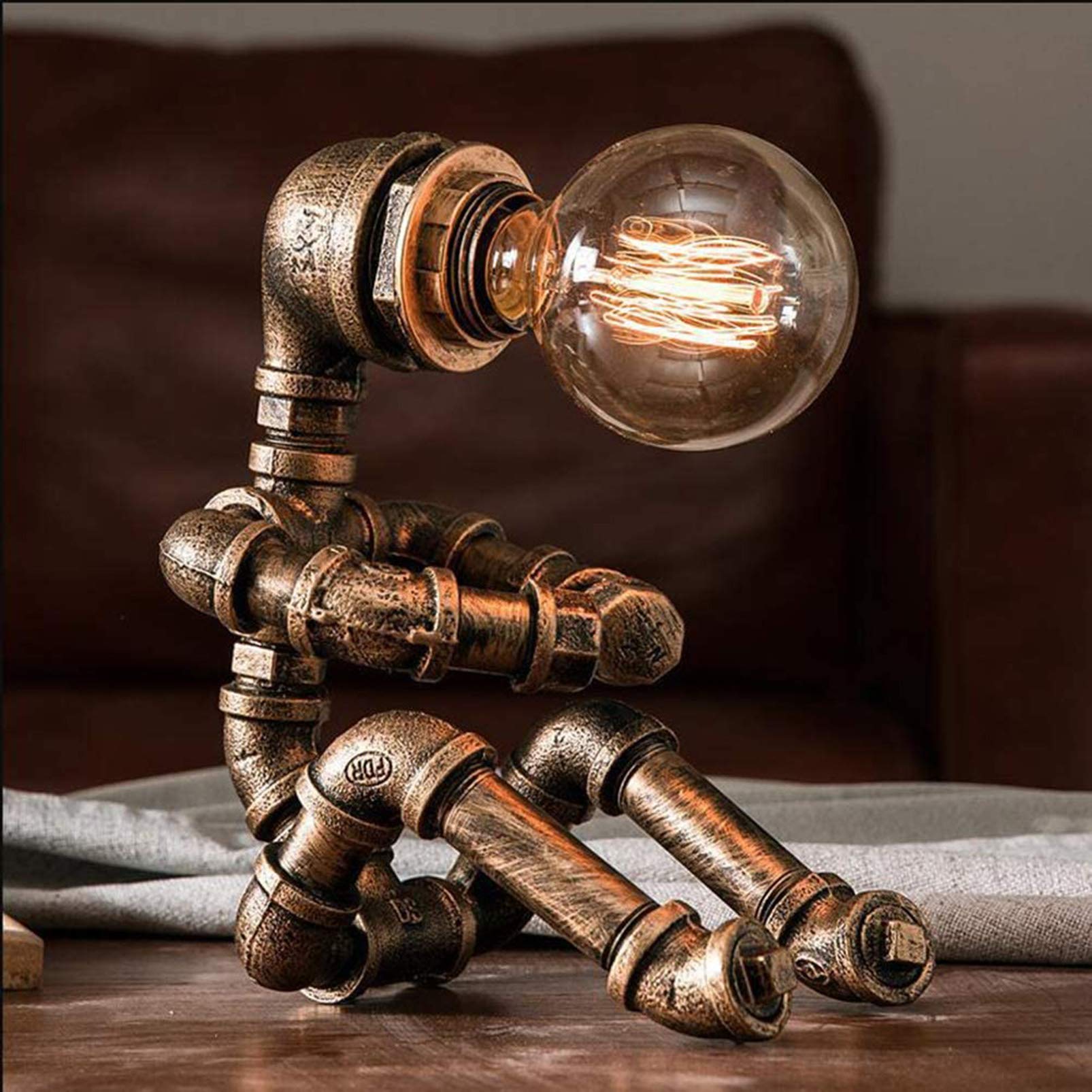 Vintage Industrial Desk Lamp - Retro Robot Night Light for Bedroom, Bar & Restaurant - Creative Water Pipe Design with Button Switch - Perfect for Home Office, Study & Reading