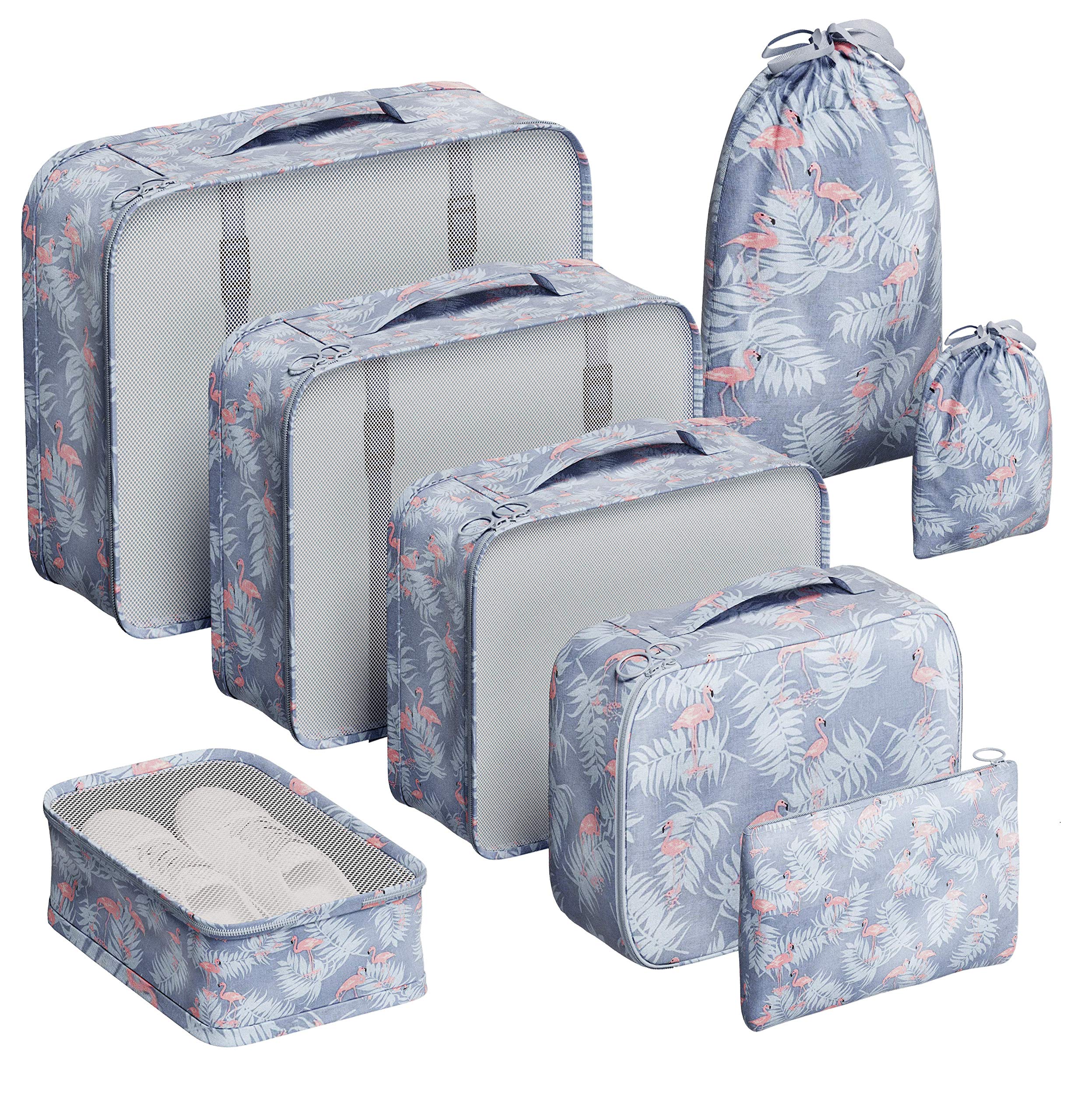 EVEK 8-Piece Packing Cubes Set for Travel - Lightweight Luggage Organizers & Storage Bags (Flamingo Print) - Perfect for Suitcase Organization, Business Trips & Vacation Packing