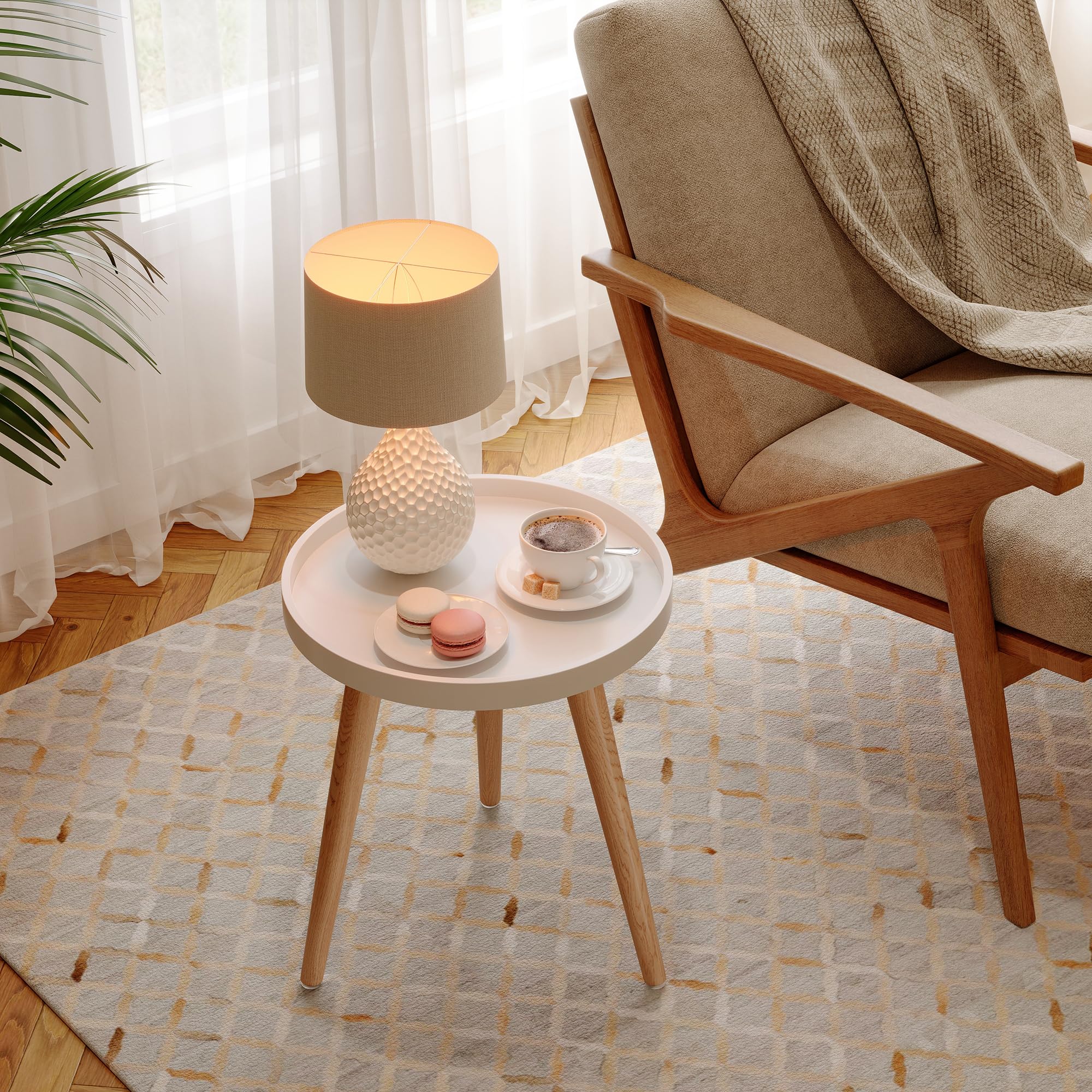 Apicizon Round Side Table with White Tray - 15 x 18 Inch Nightstand, Coffee End Table for Living Room, Bedroom & Small Spaces - Easy Assembly Bedside Table for Home Decor, Studio Apartments & Dorm Rooms