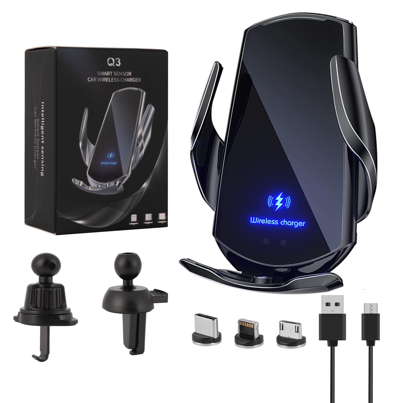 15W Fast Wireless Car Charger Phone Mount - Auto Clamping Car Phone Holder with Wireless Charging for All Android Smartphones (Black) | Perfect for Commuting, Road Trips & Hands-Free Driving