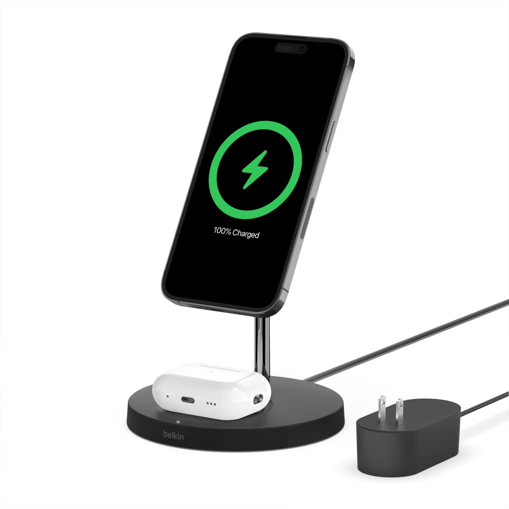 Belkin MagSafe 2-in-1 Fast Wireless Charging Stand for iPhone 16/15/14/13 & AirPods - MFi Certified Magnetic Charging Station for Multiple Apple Devices - Black - Perfect for Home, Office & Travel Charging