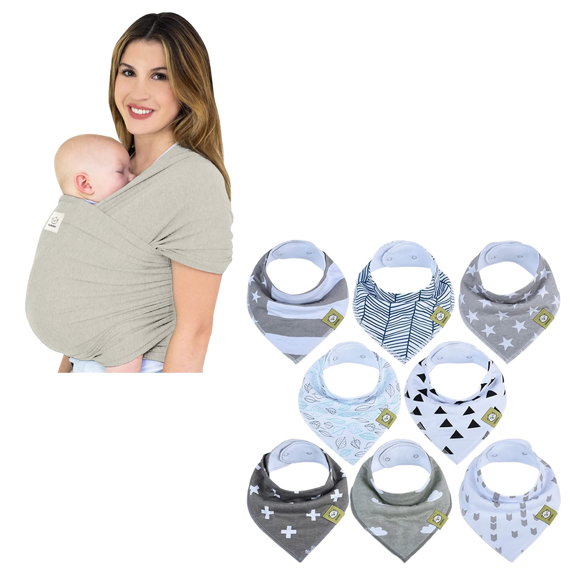 KeaBabies Baby Wrap Carrier - Lightweight & Breathable Baby Sling for Hands-Free Carrying + 8-Pack Unisex Bandana Drool Bibs Set | Perfect for Newborns, Infants & Toddlers | Ideal for Shopping, Walking, Traveling & Daily Parenting