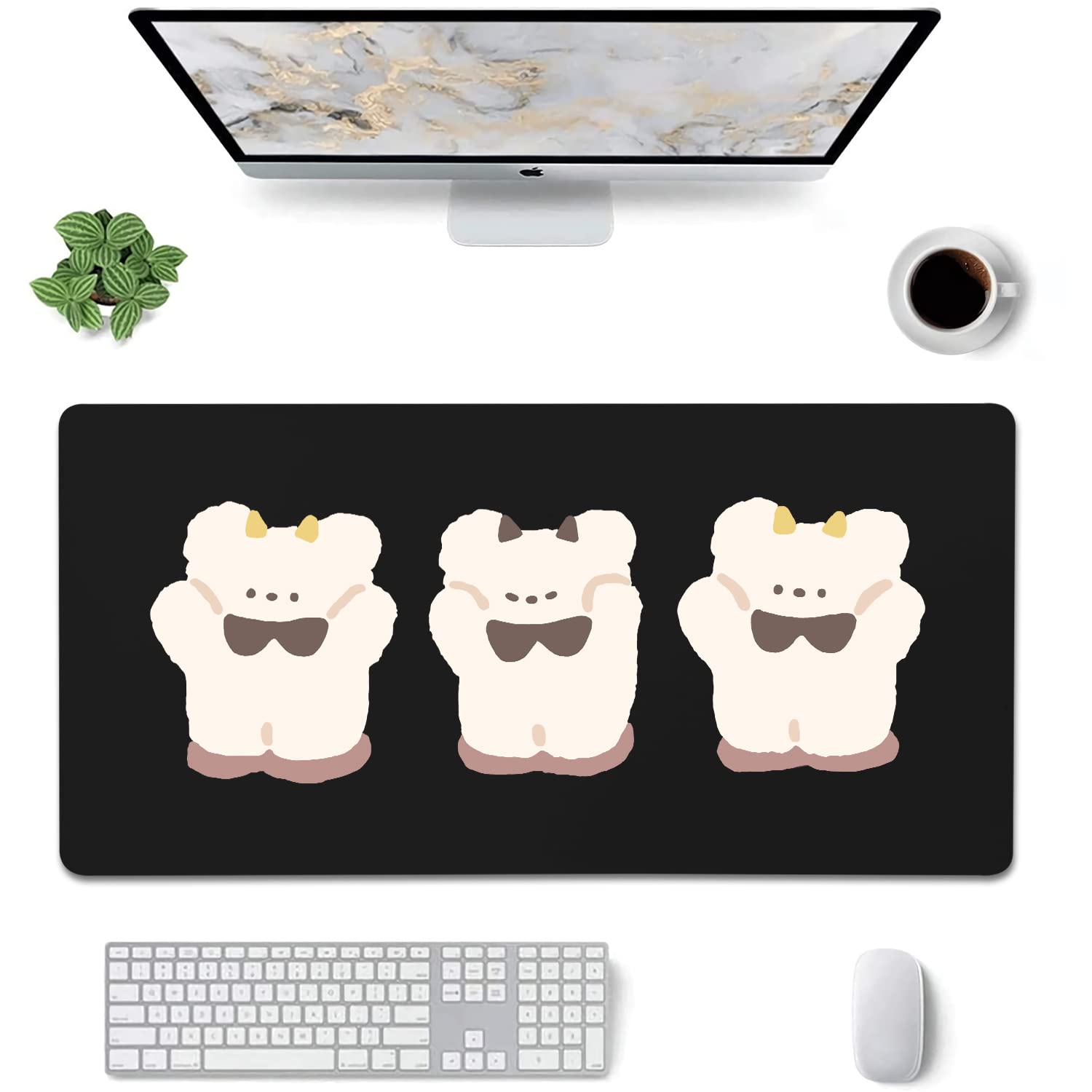 Premium Black Desk Mat with Adorable Three White Baby Bears Pattern - Non-Slip Mouse Pad & Writing Surface for Office & Home (27.6'' x 13.8'') - Perfect for Kids' Study Desk, Gaming Setup, and Workspace Organization