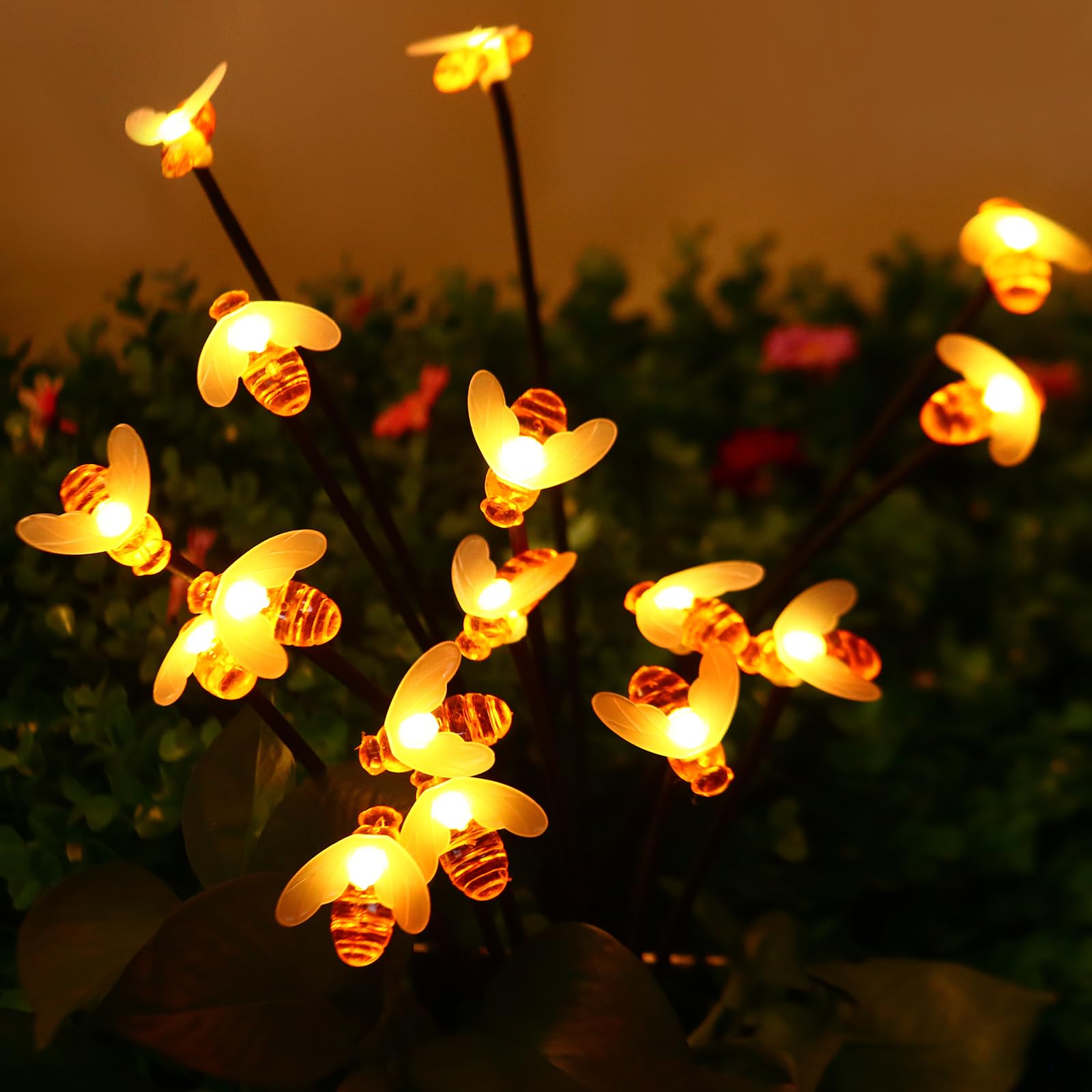 Solar Powered Bee Garden Lights Outdoor Waterproof - 16 LED Solar Bee Fairy Lights (2 Pack) for Patio, Yard, Lawn & Party Decor - 8 Lighting Modes, Warm White - Perfect for Garden Pathways, Backyard Lighting & Outdoor Evening Events