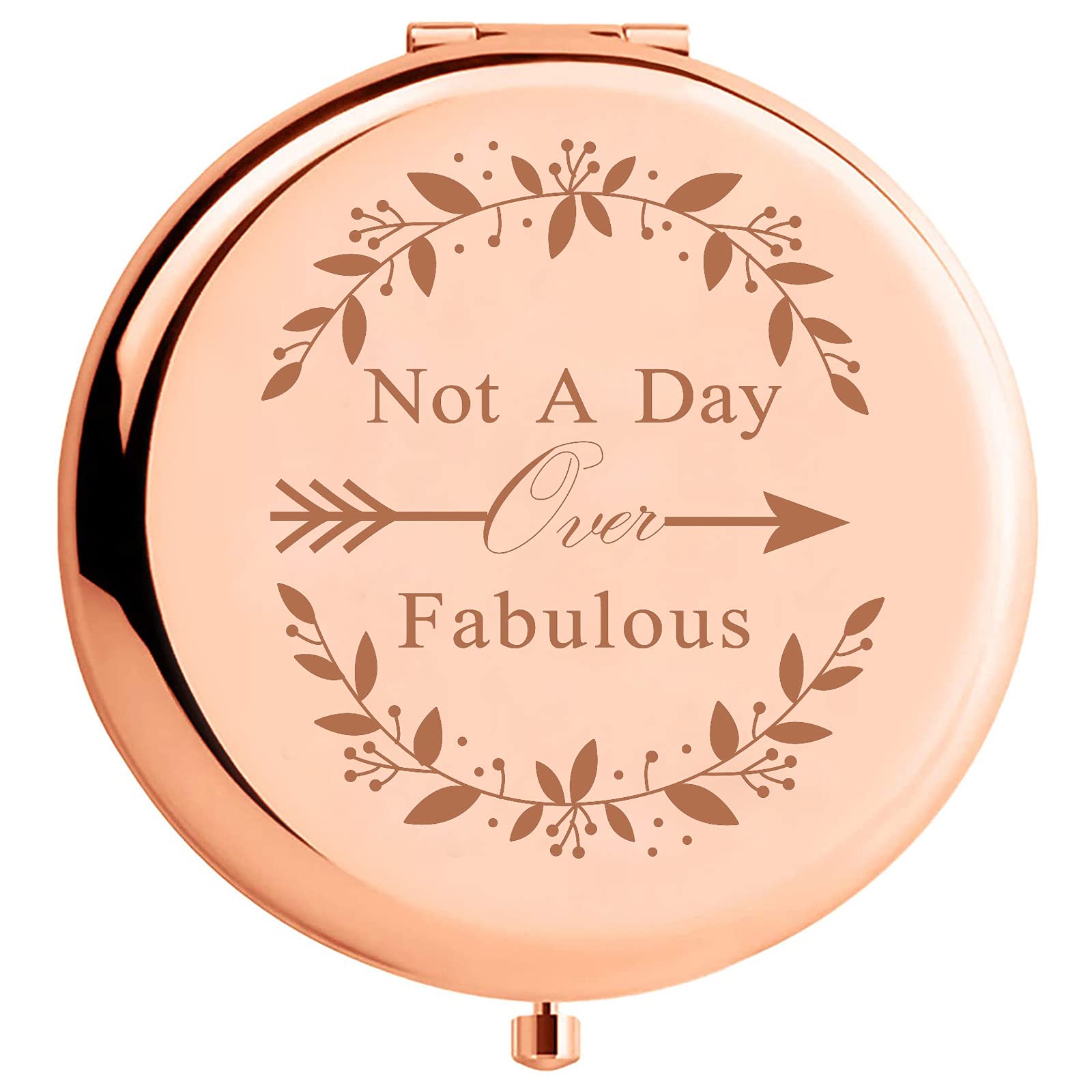 Not a Day Over Fabulous Rose Gold Stainless Steel Portable Makeup Mirror - Inspirational Birthday Gift for Women, Wife, Mom, Sister & Friends | Compact Cosmetic Mirror for Travel, Purse & Home Use