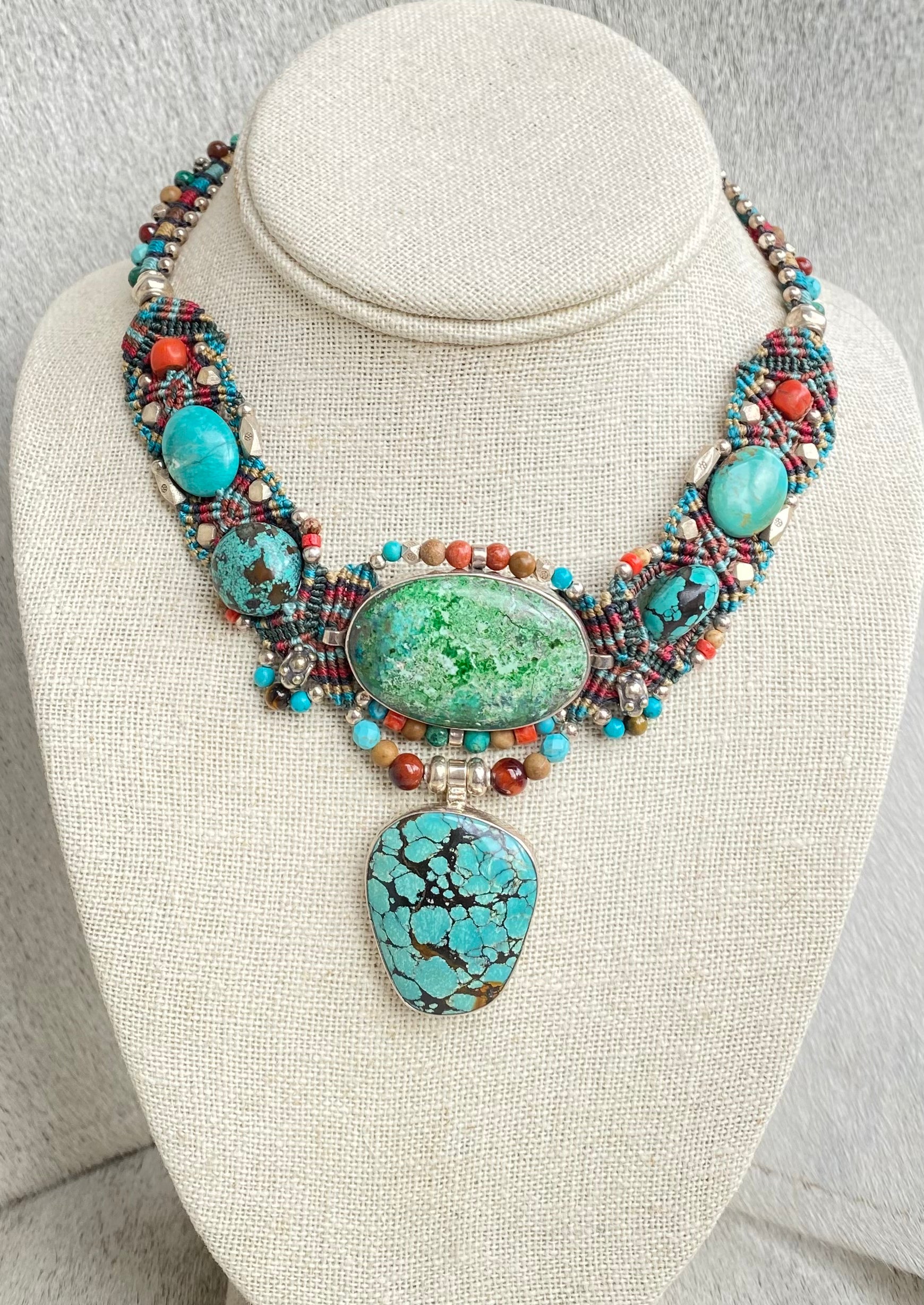 Handmade Macramé Turquoise V-Neck Necklace for Women - Boho Chic Jewelry for Casual Wear, Festivals & Layering