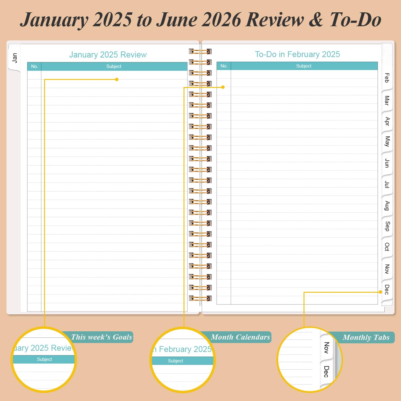 2025-2026 Monthly Planner - January 2025 to June 2026, 18-Month Calendar with Tabs, Twin-Wire Binding & Inner Pocket, 6.4