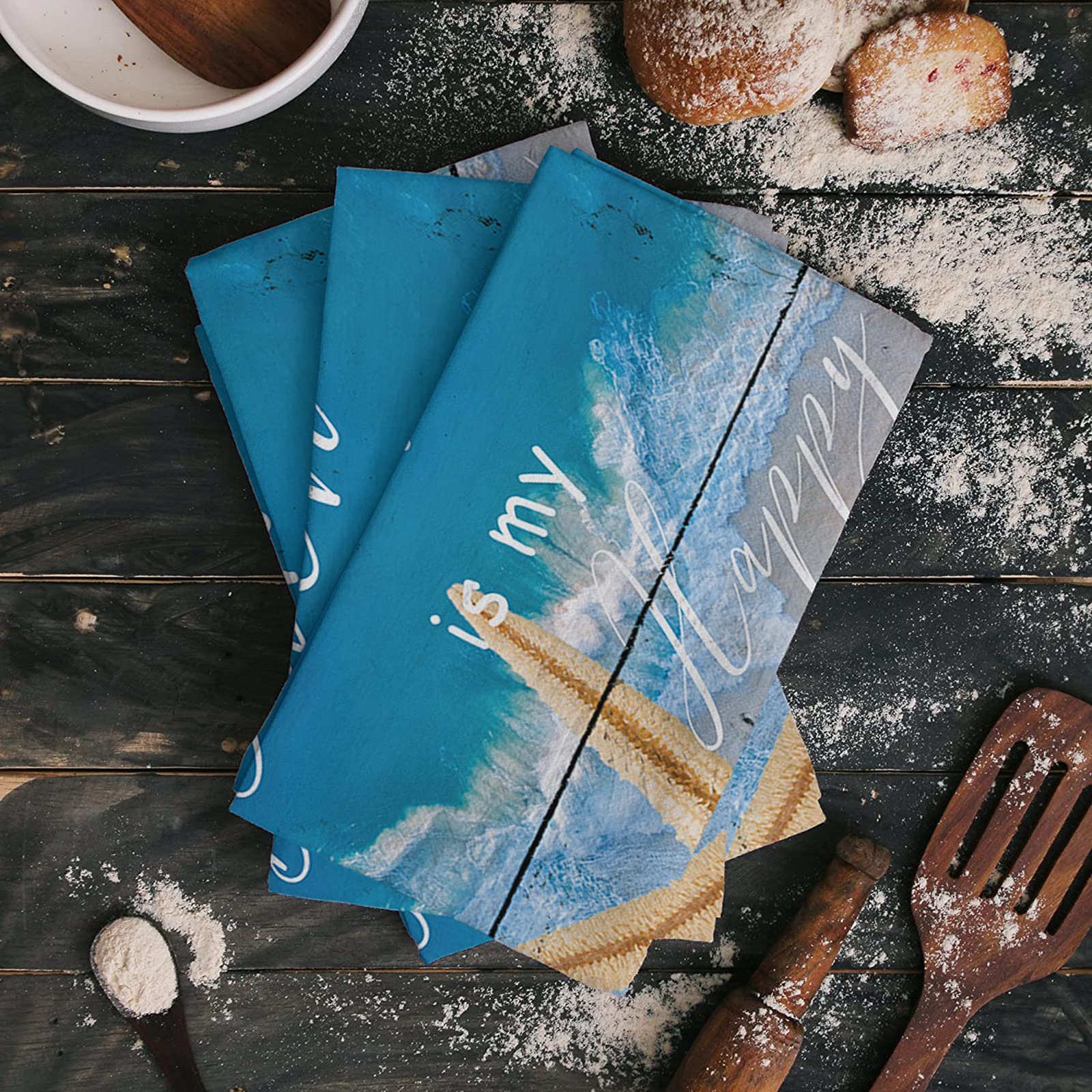 Absorbent Kitchen Dish Towels and Dishcloths Set - 18x28 Inches Beach Themed Hand Towels with Hanging Loop | Starfish Blue Ombre Wood Print | Perfect for Home Cleaning, Kitchen Decor & Summer Beach House Essentials