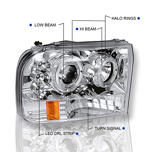 Spec-D Tuning 2LHP-F25099-TM LED Projector Headlights with Halo Rings - Chrome Clear Lens for Ford F250 & F350 Super Duty Trucks - Upgrade Your Night Driving & Off-Road Visibility