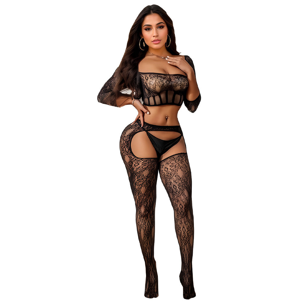 JSY Lace Net Bodystocking Top & Crotchless Open Rear Leggings - Sexy Lingerie Set for Women, Perfect for Valentine's Day, Boudoir Photography and Role Play
