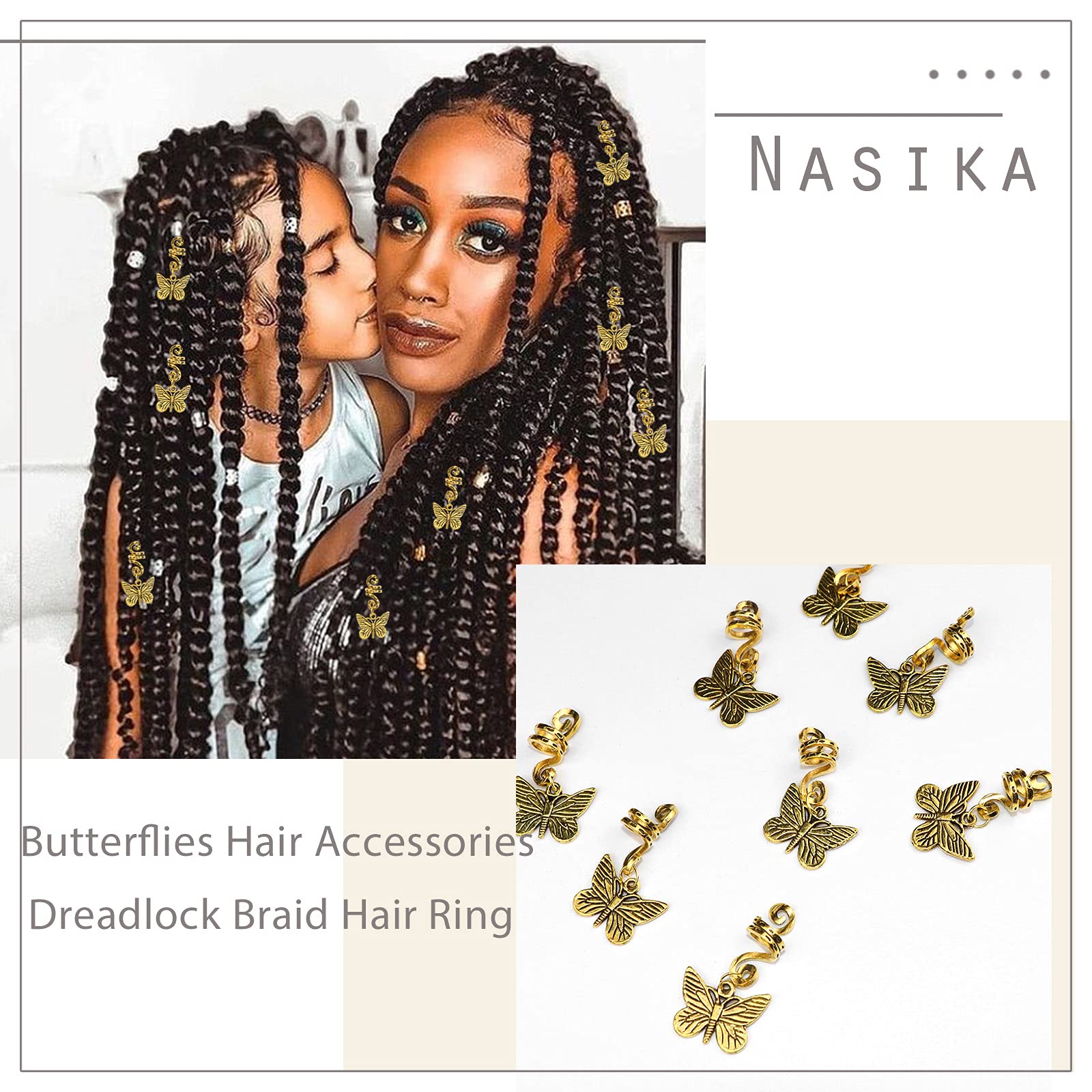 NAISKA Gold Butterfly Hair Beads - Dreadlock Cuffs & Braid Rings for Women - Hair Jewelry Accessories for Boho, Festival & Everyday Style