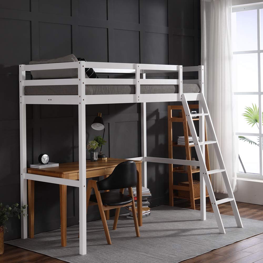 JOYMOR High Loft Twin Wooden Bed Frame for Kids, Teens & Adults - Sturdy Single Loft Bed No Box Spring Needed (White) - Perfect for Small Bedrooms, Dorms & Space-Saving Kids' Rooms