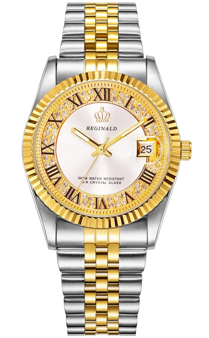 REGINALD Unisex Sapphire Crystal Gold Stainless Steel Quartz Watch - Elegant Timepiece for Men & Women, Perfect for Business, Casual & Formal Occasions