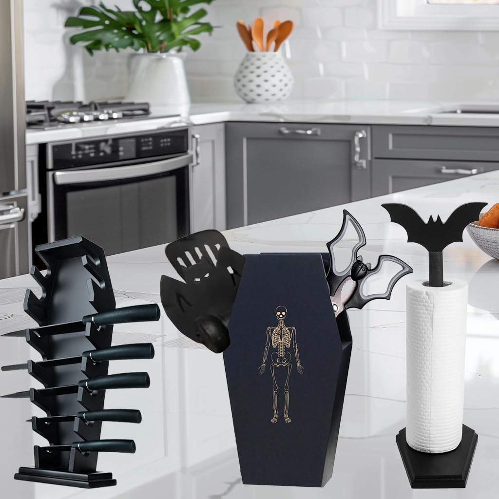 Large Capacity Skeleton Coffin Utensil Holder - Spooky Halloween Kitchen Decor for Goth, Bats, Skull & Spatulas - Durable Gothic Kitchenware Accessory with Deep Storage - Perfect for Halloween Parties, Haunted House Decor & Gothic Home Kitchen Organization