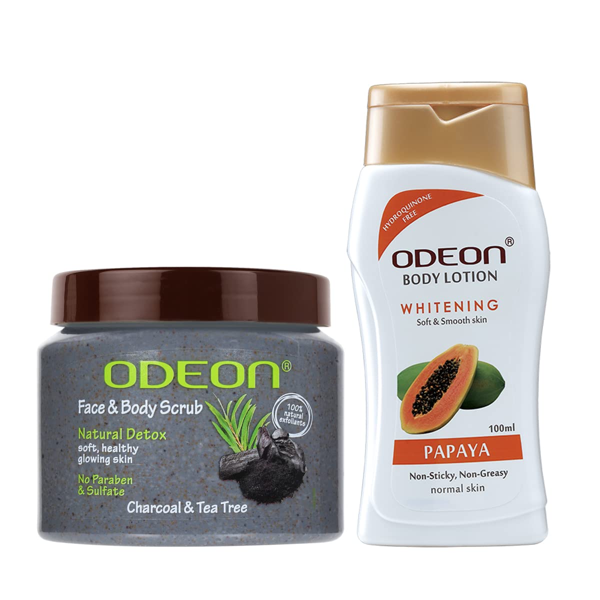 Odeon Papaya Body Lotion 100ml & Charcoal Tea Tree Face & Body Scrub 300ml - Hydrating Moisturizer & Exfoliating Cleanser for Smooth Skin - Perfect for Daily Skincare Routine & Spa Day at Home