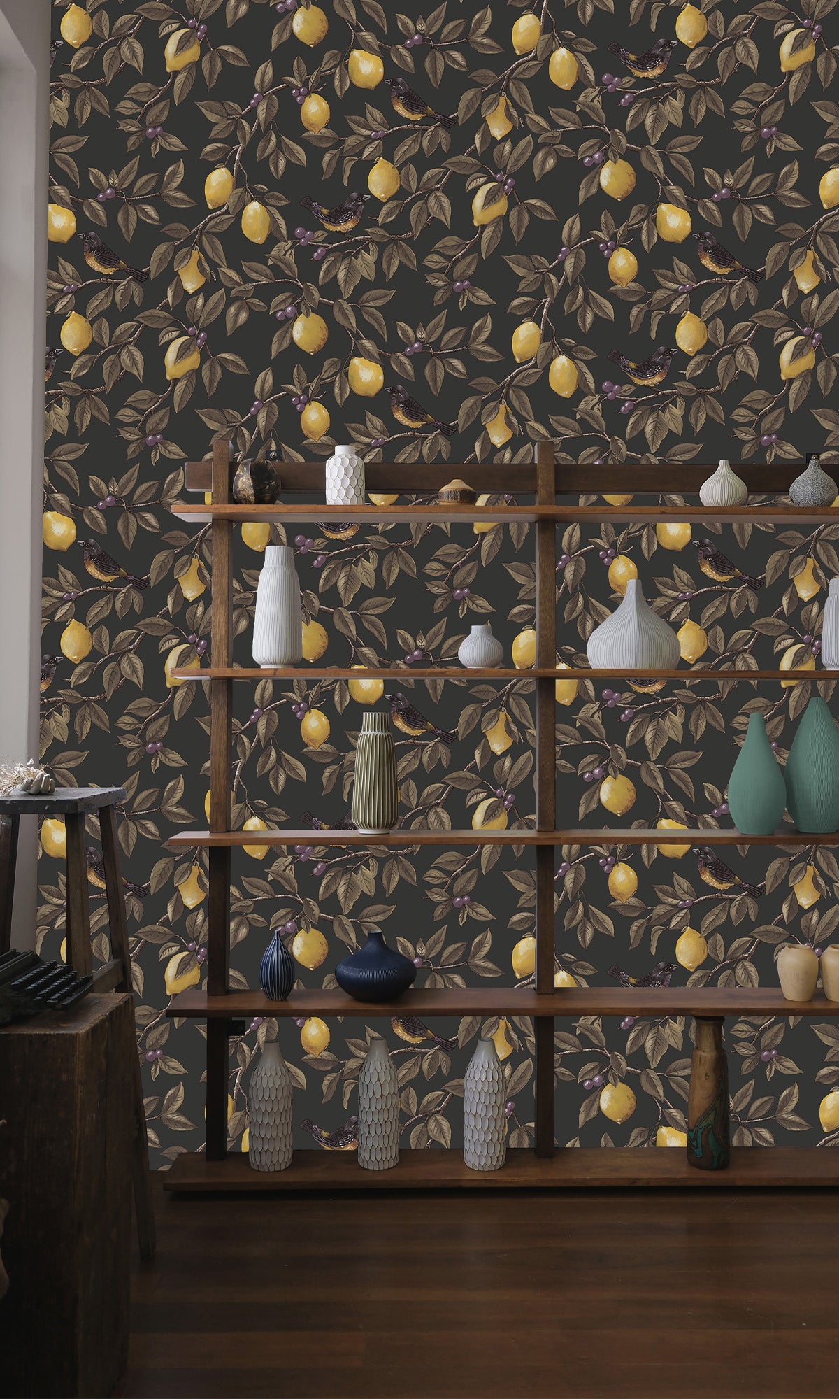 Charcoal Golden Lemon Trail Wallpaper R9634 - Peel and Stick Removable Wallpaper for Bedroom, Living Room, and Office Decor
