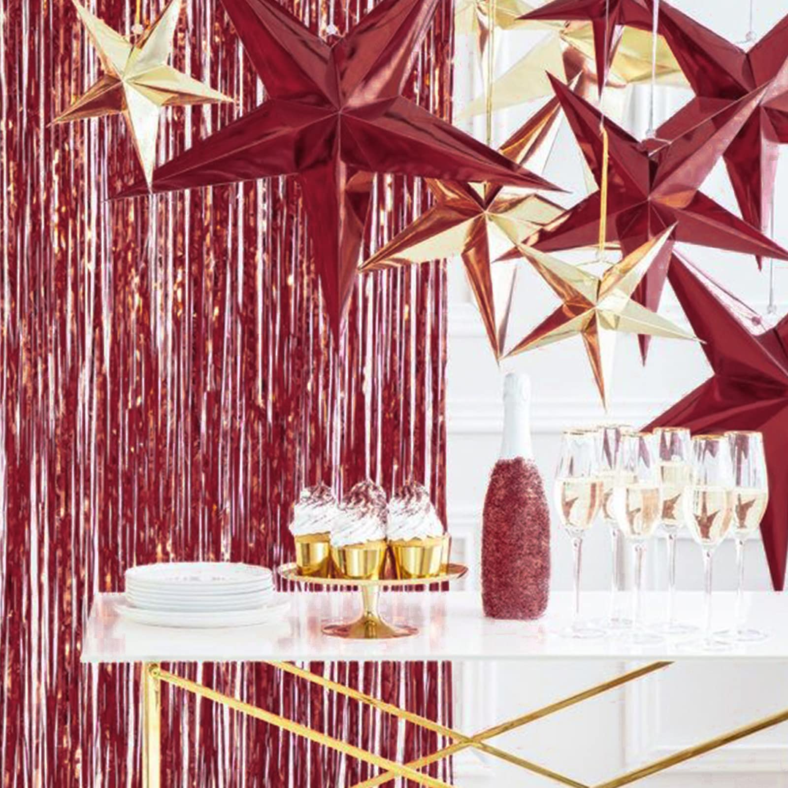 PartyWoo Retro Red Foil Curtains - 2 Pack 3.3x6.6 ft Dark Red Fringe Backdrop for Birthday, Christmas & Holiday Decorations | Shimmering Tinsel Door Decor, Photo Booth Background, Wedding & Party Streamers