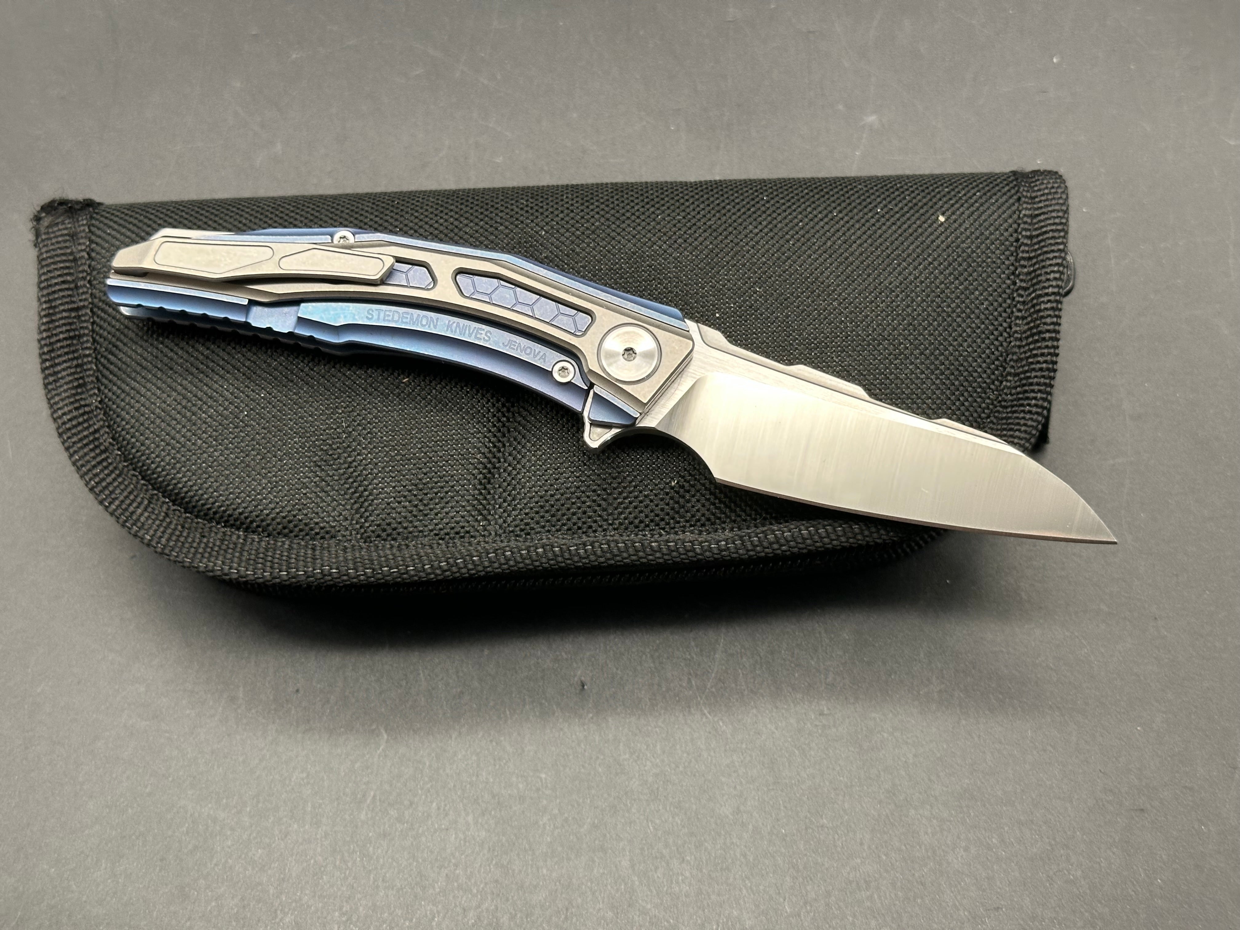 Stedemon Jenova Knife - Blue Milled Titanium & Grey Titanium Frame, Wharncliffe Blade, Satin CTS 204P Steel - EDC, Outdoor, Camping & Tactical Use