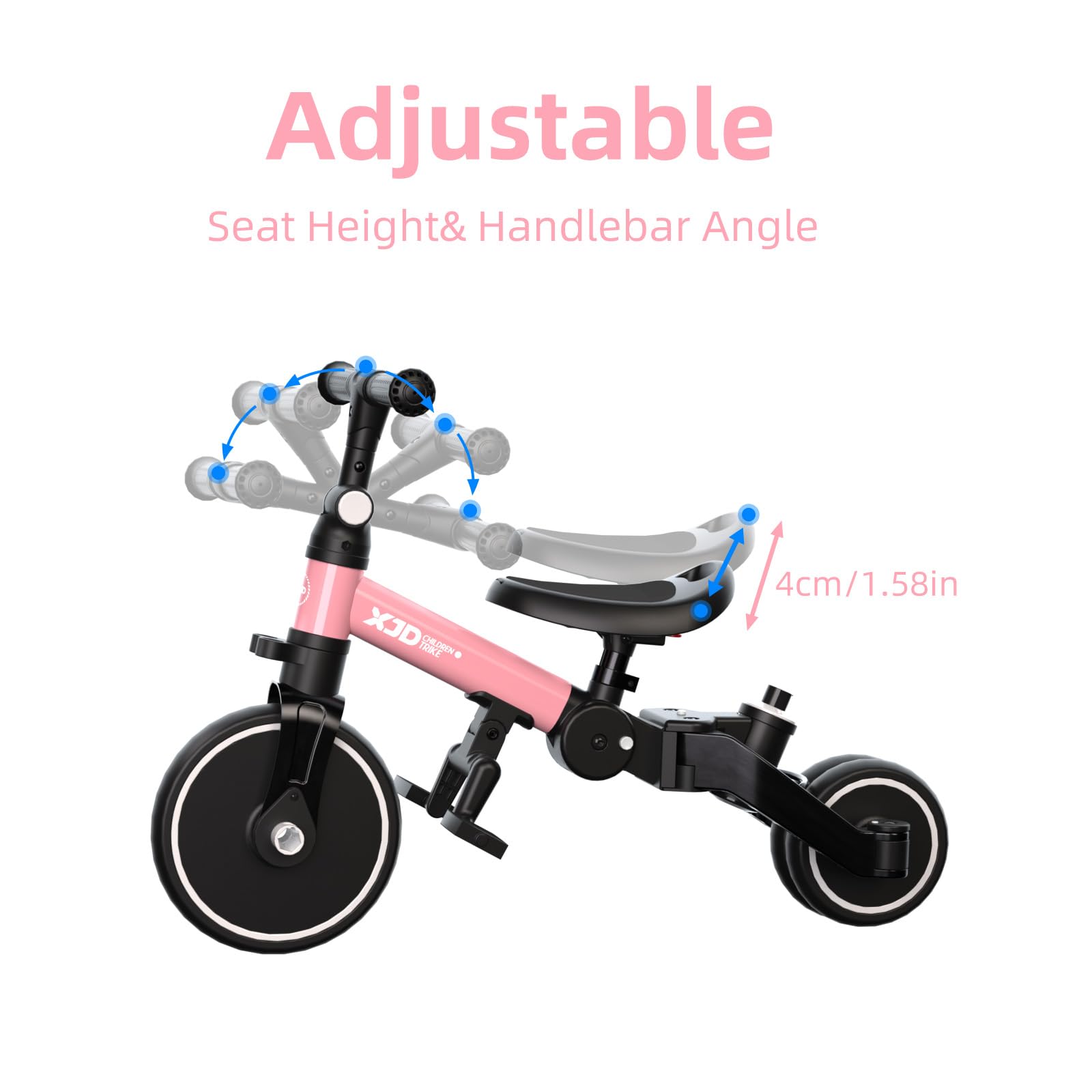 XJD 6-in-1 Foldable Toddler Tricycle with Push Handle - Adjustable Balance Bike for 1-4 Year Olds | Removable Pedals, Backrest & Height Adjustable Seat | Perfect First Birthday Gift (Pink) | Ideal for Indoor Play, Outdoor Learning & Developing Motor Skills