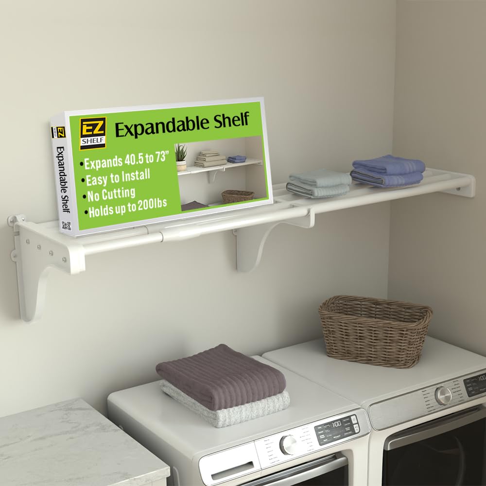 EZ Shelf Expandable Closet Organizer - Adjustable Wire Shelving (29-49 Inches) - White - No Hanging Rod Required - Easy Wall Mount Installation for Bedroom, Closet & Storage Organization (Model EZS-SW48-1-1) - Space Saving Home Storage Solution