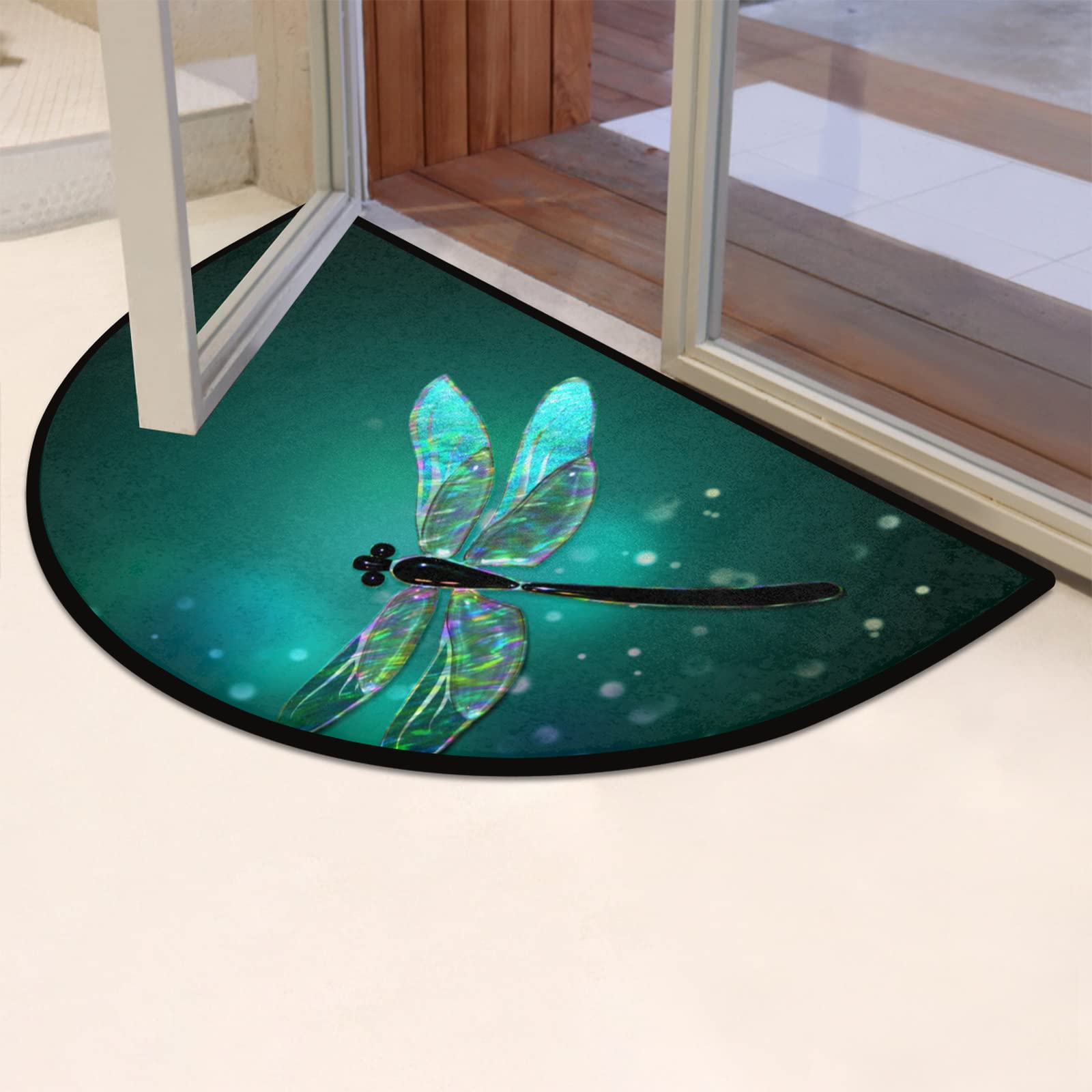 Pardick Half Round Door Mat - Navy Dragonfly Anti-Slip Semi Circle Rug 24x36 - Washable Indoor Doormat for Kitchen, Bathroom, Fireplace - Decorative Half Moon Bath Mat for Home Entryway & Hearth Safety