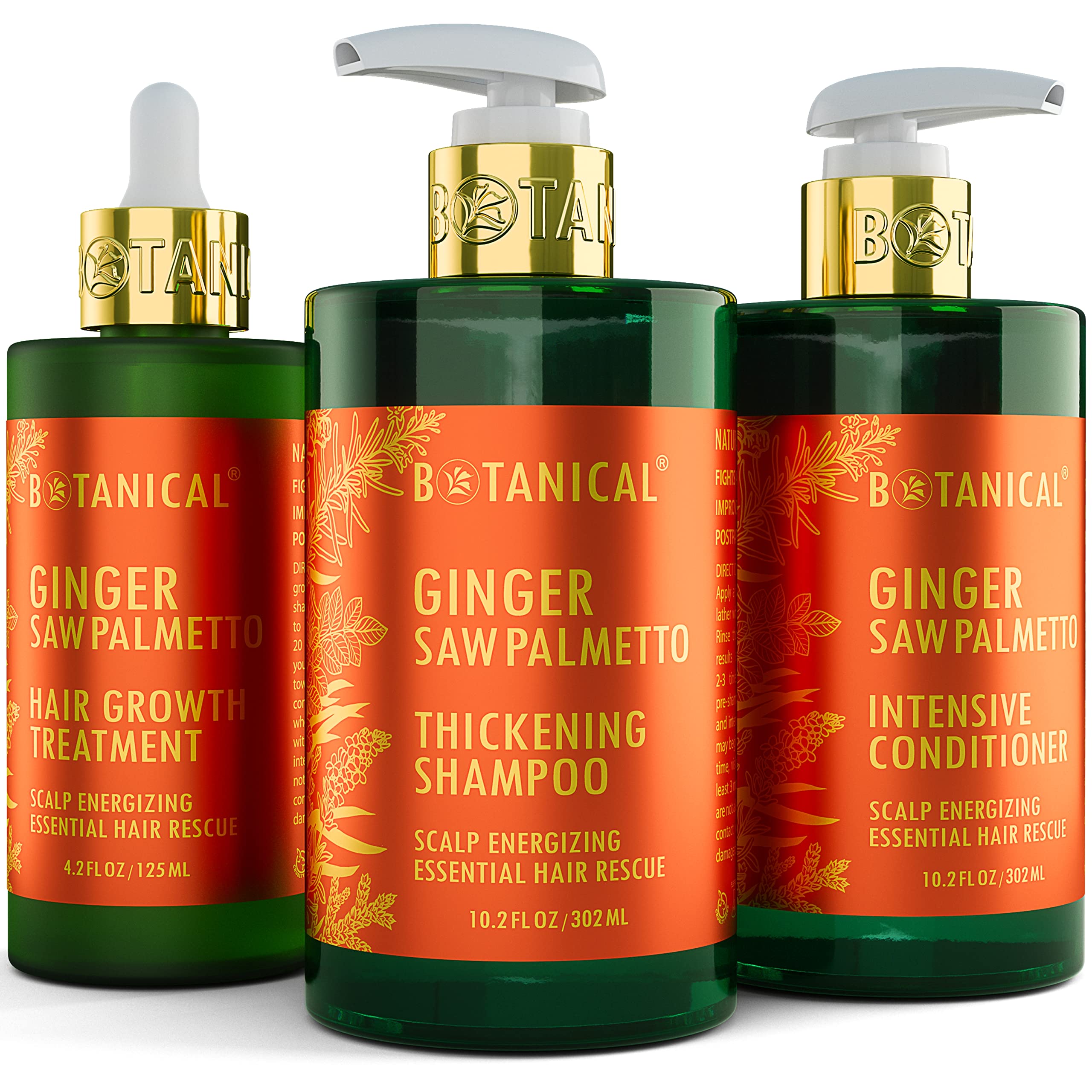 Ginger & Saw Palmetto Hair Growth Shampoo and Conditioner Set - Botanical Treatment for Thinning Hair, Anti-Hair Loss & Scalp Energizing - Volumizing Products for Women & Men - Perfect for Daily Hair Care & Thickening Routine