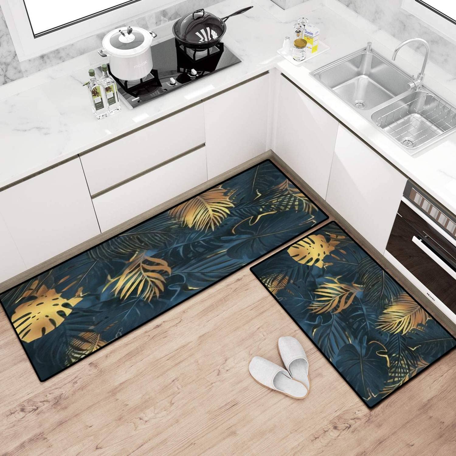 Non-Slip Washable Kitchen Rugs Set - Gold & Dark Turquoise Tropical Leaf Design, Exotic Botanical Floor Mat for Kitchen, Bathroom & Entryway - Perfect for Comfort Standing, Decor & High Traffic Areas