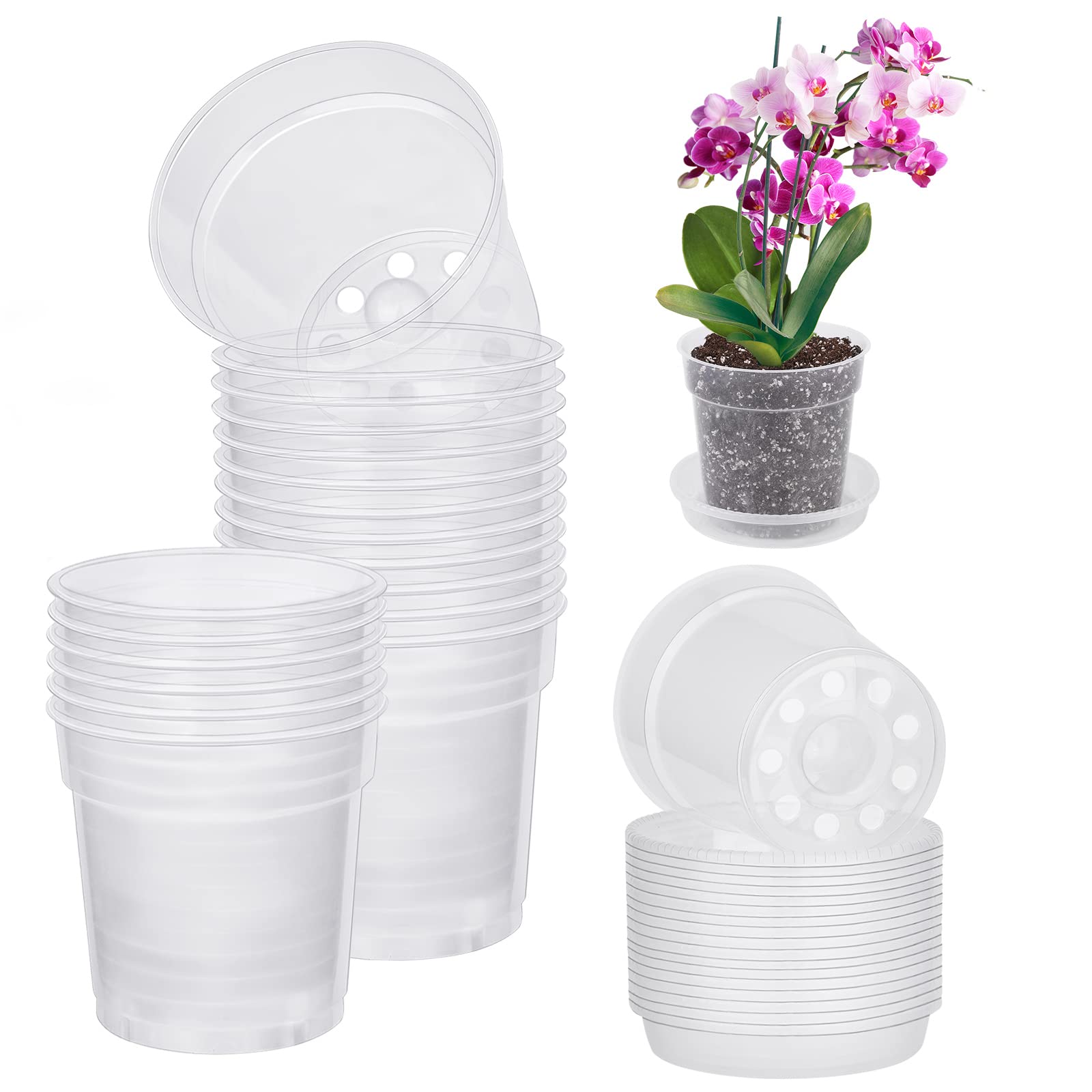 Hahood 18 Pack 4.5 Inch Clear Plastic Orchid Pots with Saucers - Drainage Holes Flower Planters for Indoor Outdoor Plants, Gardening, Seedlings & Nursery Use (Perfect for Orchids, Succulents & Houseplants)