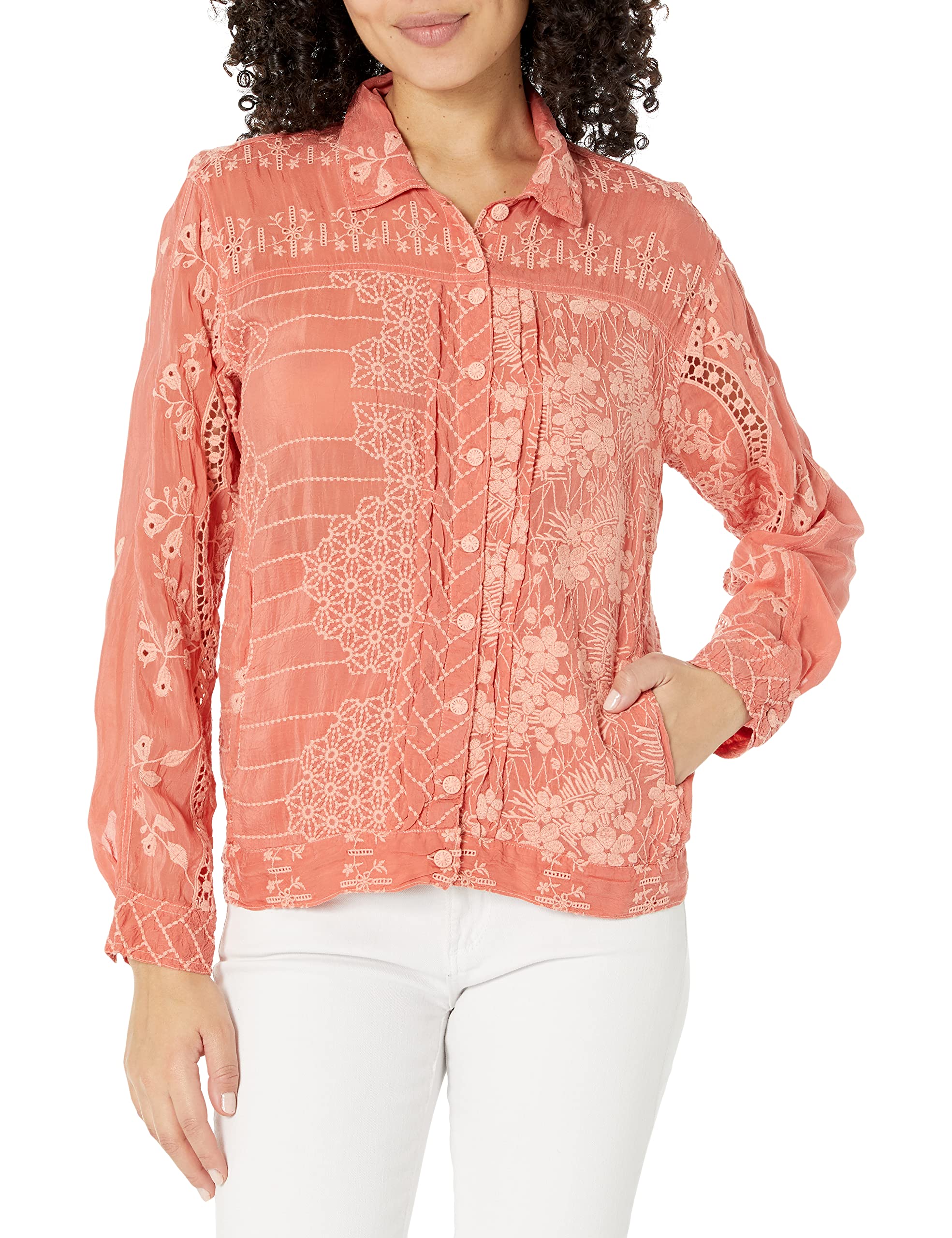 Johnny Was Women's Embroidered Boho Shirt Jacket - Lightweight Summer Cover Up for Beach, Travel & Casual Outfits