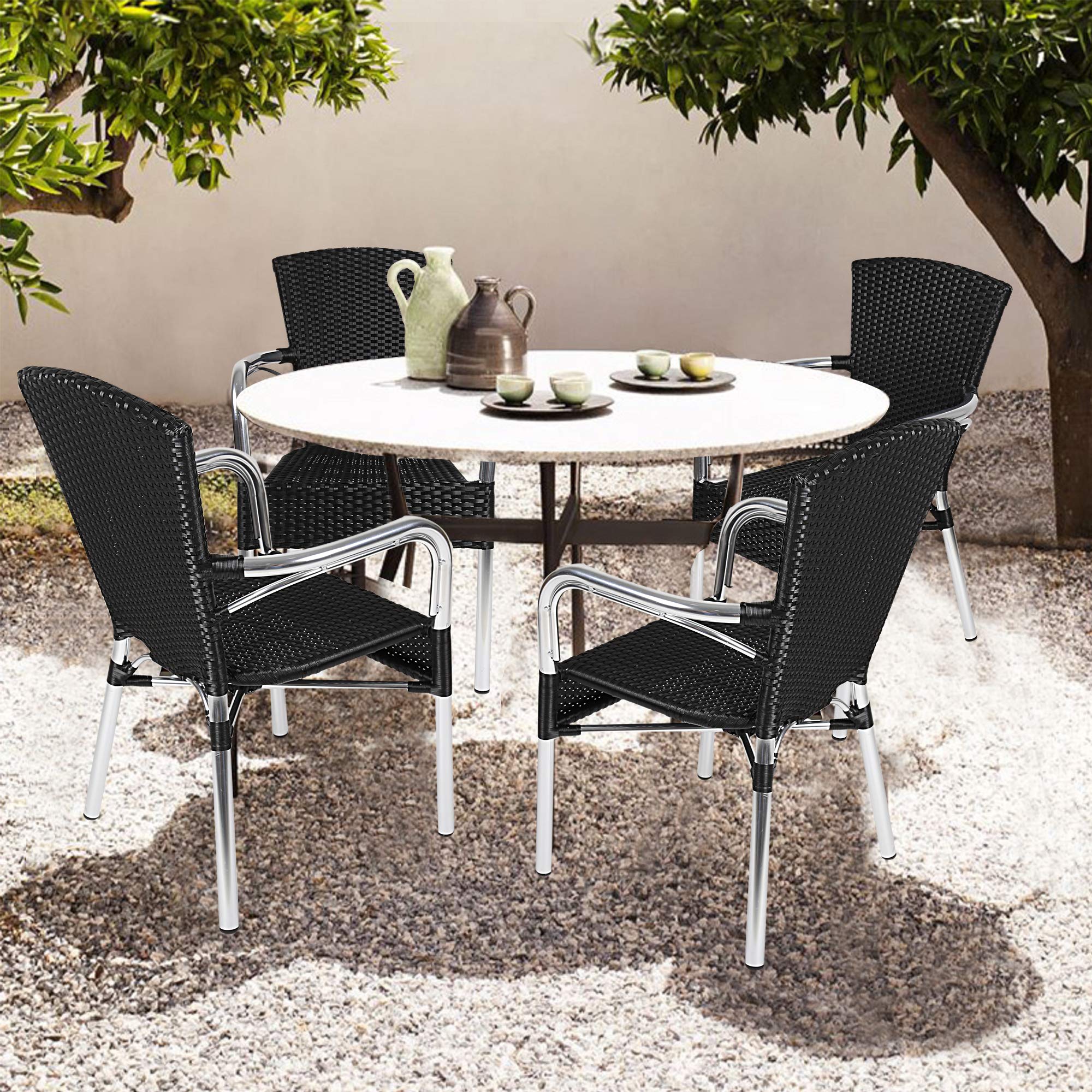 4-Piece Rattan Chair Set - Stackable Wicker Patio Chairs with Handrails for Indoor & Outdoor Use - Perfect for Garden, Balcony, Poolside & Patio Furniture