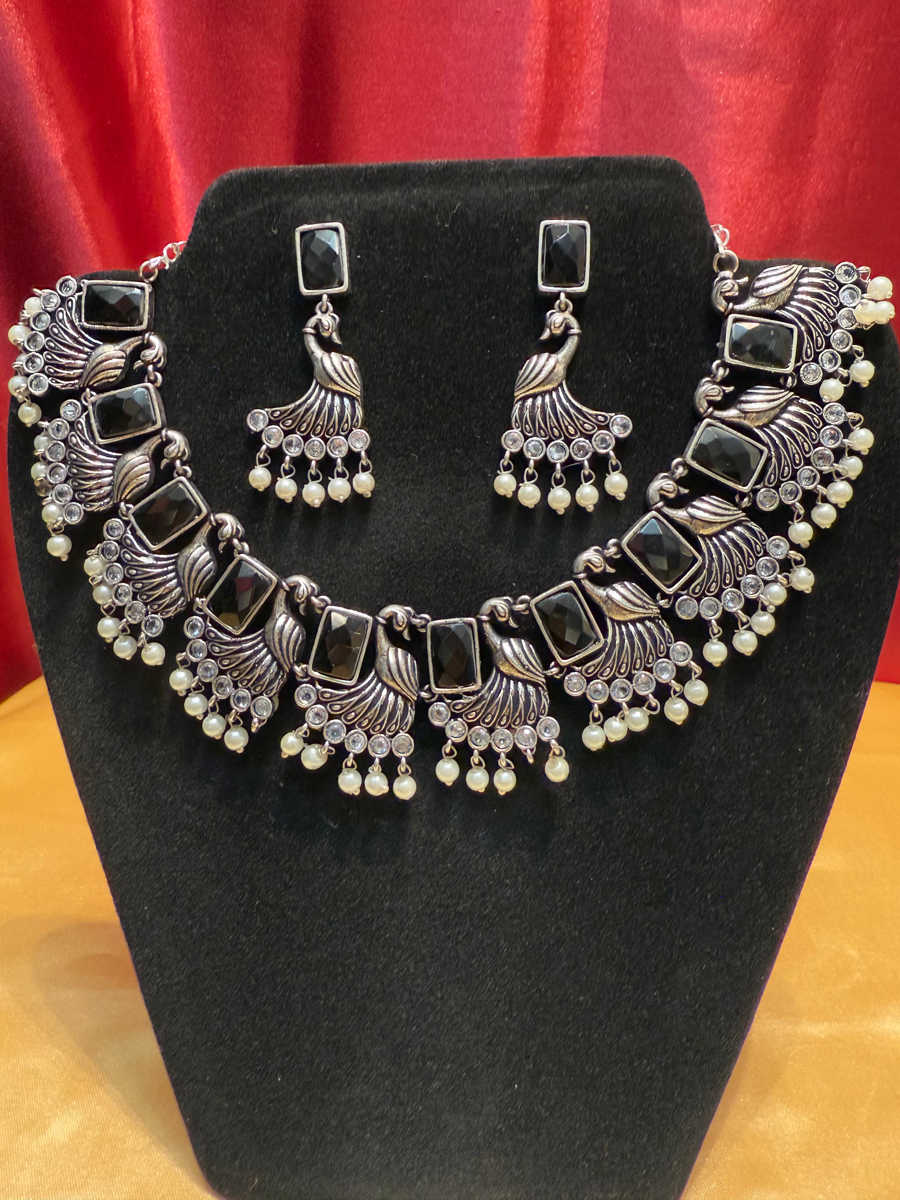 Oxidized Black Peacock Design Necklace & Earring Set - Elegant Jewelry for Women, Perfect for Parties, Weddings, and Special Occasions