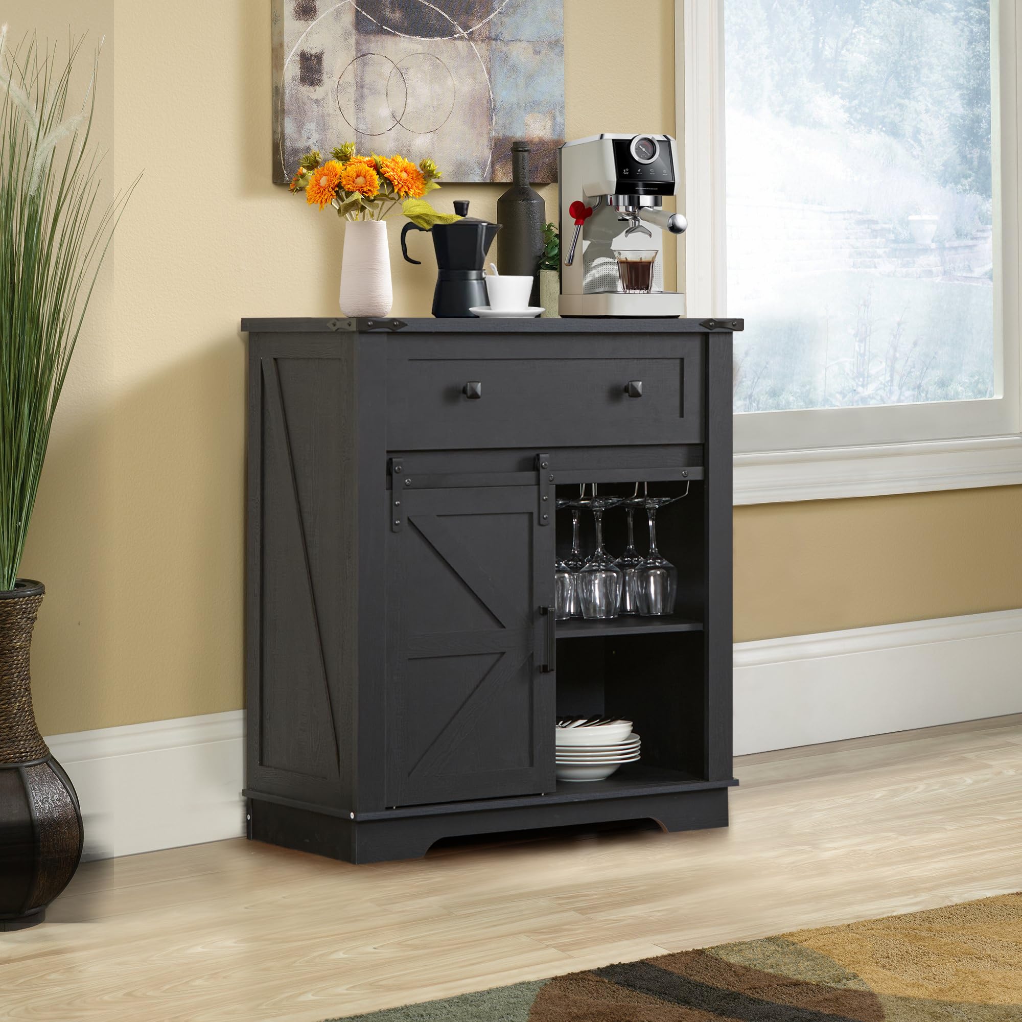 Farmhouse Buffet Cabinet with Storage - Coffee Bar Sideboard with Goblet Holder, Drawers & Barn Doors - Perfect for Kitchen, Dining Room & Living Room Decor - Black Rustic Storage Cabinet for Wine Glasses, Dishes & Entertaining Essentials